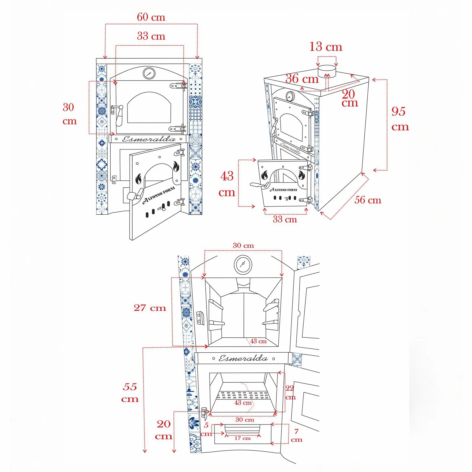 Stufa a Legna Con Forno - Esmeralda con Maioliche di Caltagirone - Potenza Riscaldamento 15 Kw, Stufa A Legna Economica In Acciaio Verniciato Antracite, Con Forno In Mattoni Refrattari, Made In Italy