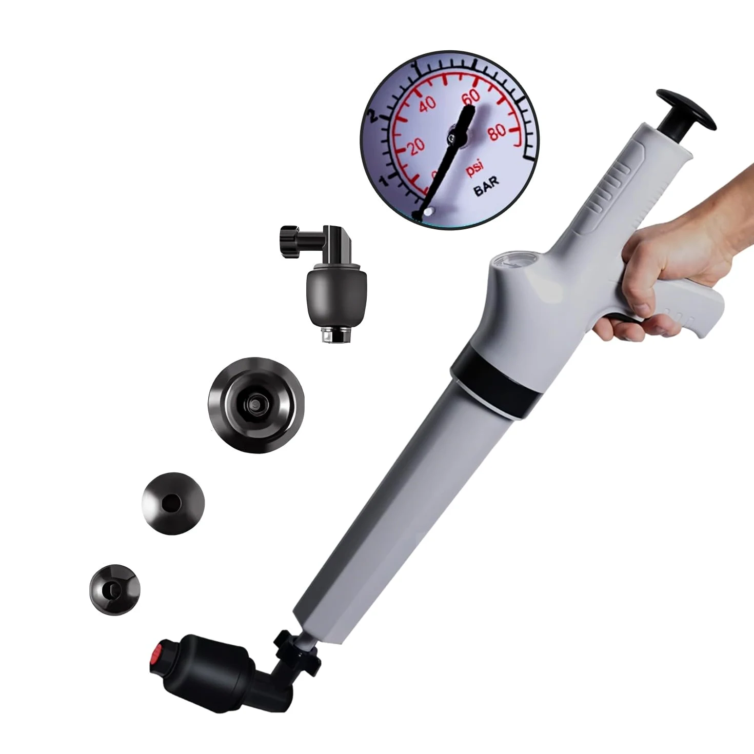 Pompa Stura Scarichi a Pressione con 4 Teste Sostituibili, Stura WC con Barometro, Sturalavandino ad Aria Compressa, Sturalavandini a Pressione, per Disintasare WC Lavello Doccia