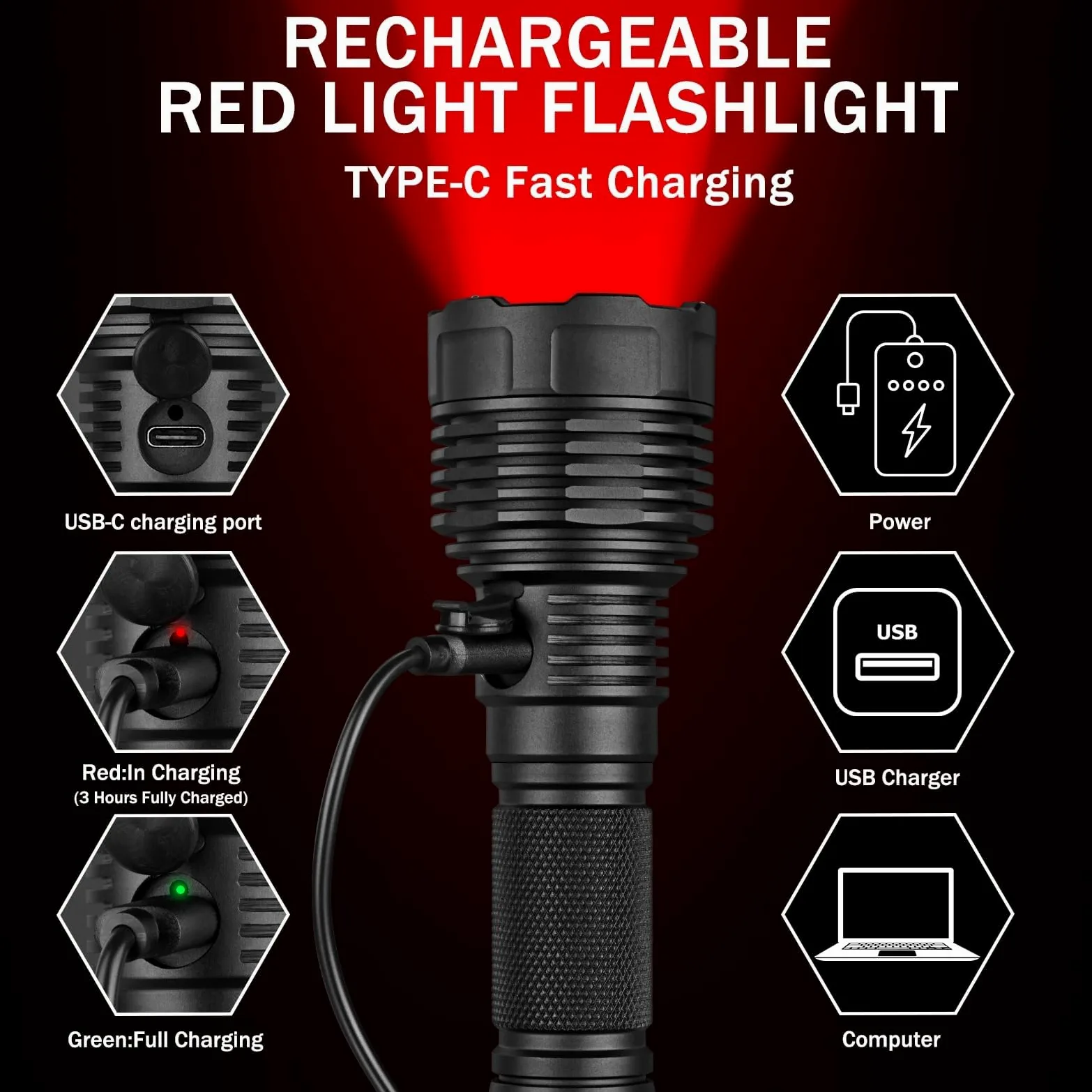 UltraFire Torcia da caccia ricaricabile a luce rossa, 620-630 nm, luce rossa a LED, portata di 350 metri, 2 modalità per visione notturna, fotografia astro, fotografia da camera oscura, C15S-R