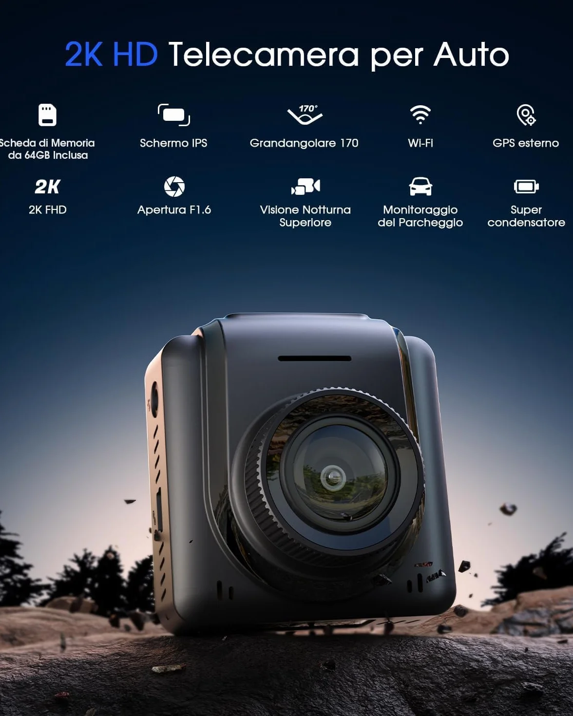 Avylet 2K Dash Cam Wi-Fi Con Scheda 64GB, Mini Telecamera per Auto 1440P con APP, Dashcam Auto GPS Esterno, WDR, Visione Notturna, 24H Monitor di Parcheggio, Rilevamento di Movimento, G-Sensor