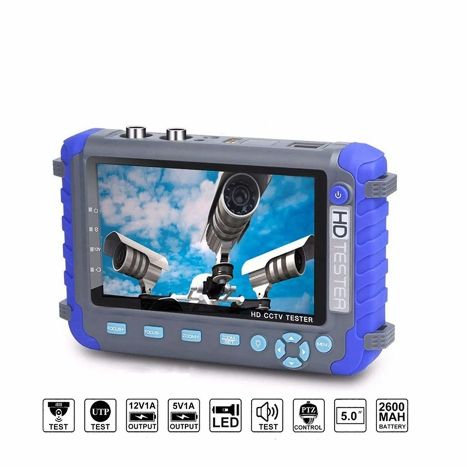 Tester CCTV 4 in 1 da 5 pollici, tester for videosorveglianza AHD TVI CVI Supporta 8MP, tester CCTV portatile for telecamera con uscita DC12V