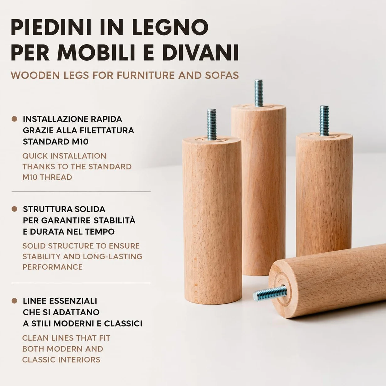 IPEA Piedini in Legno per Mobili e Divani Altezza 140 mm Set di 4 Vite M10