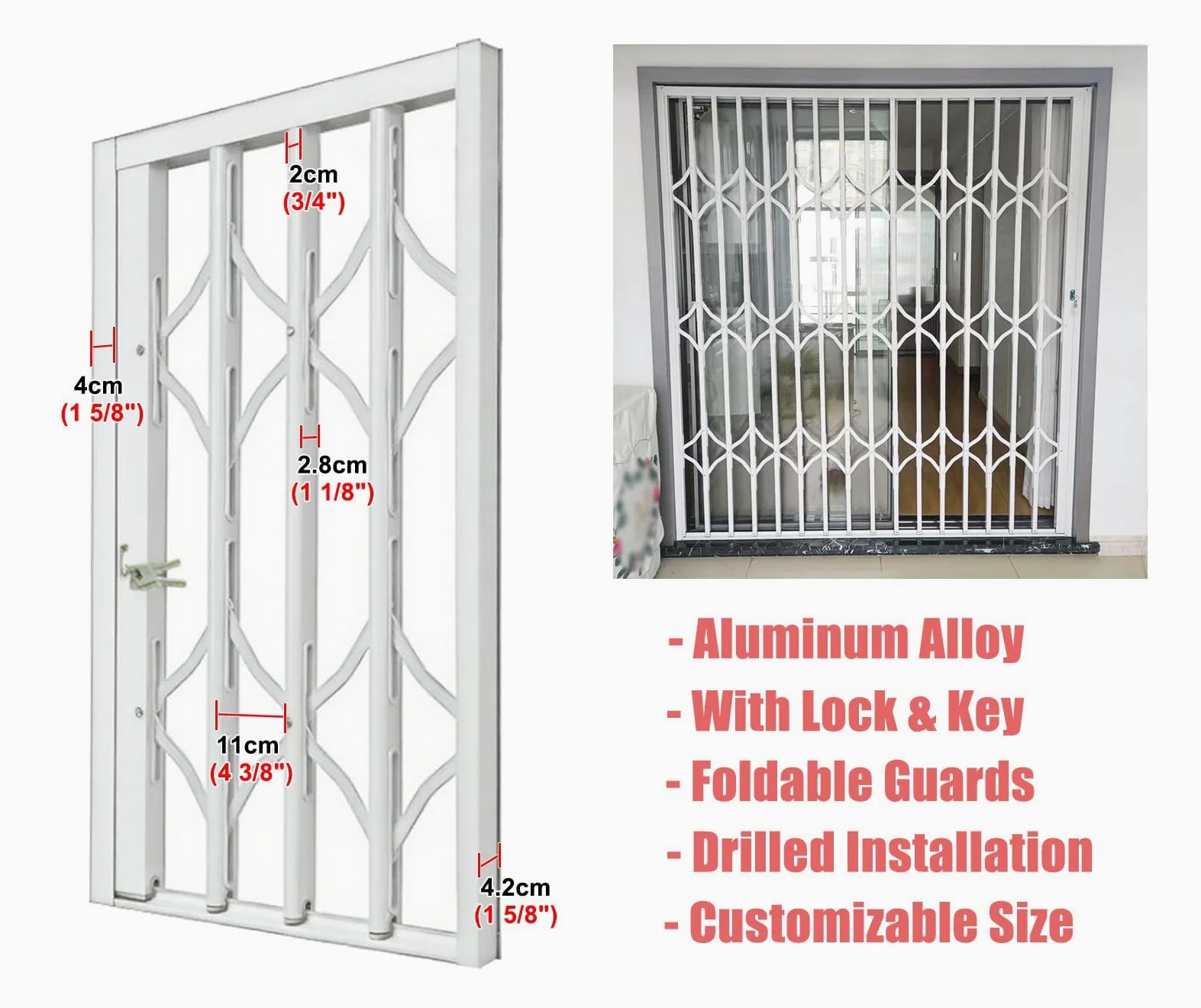 Griglia di sicurezza per finestre, regolabile, bloccabile, protezione antifurto per uso interno ed esterno, barriera di sicurezza pieghevole, per balconi e cantine (larghezza 120 x altezza 180 cm)