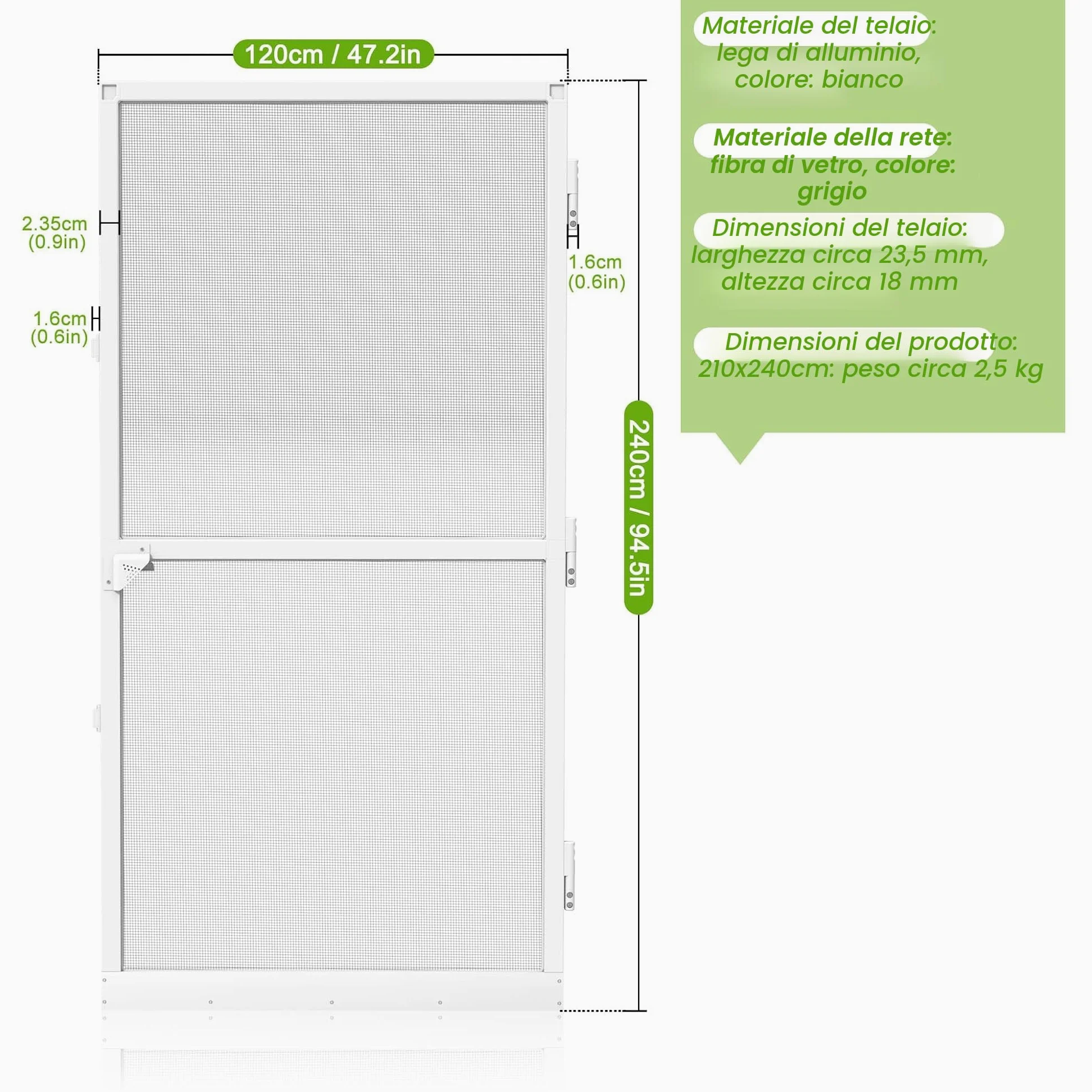 Aufun Zanzariera per porte fino a max. 120 x 240 cm, per porta con tessuto in fibra di vetro, Protezione Efficace Antinsetti Mosche, con telaio in alluminio bianco
