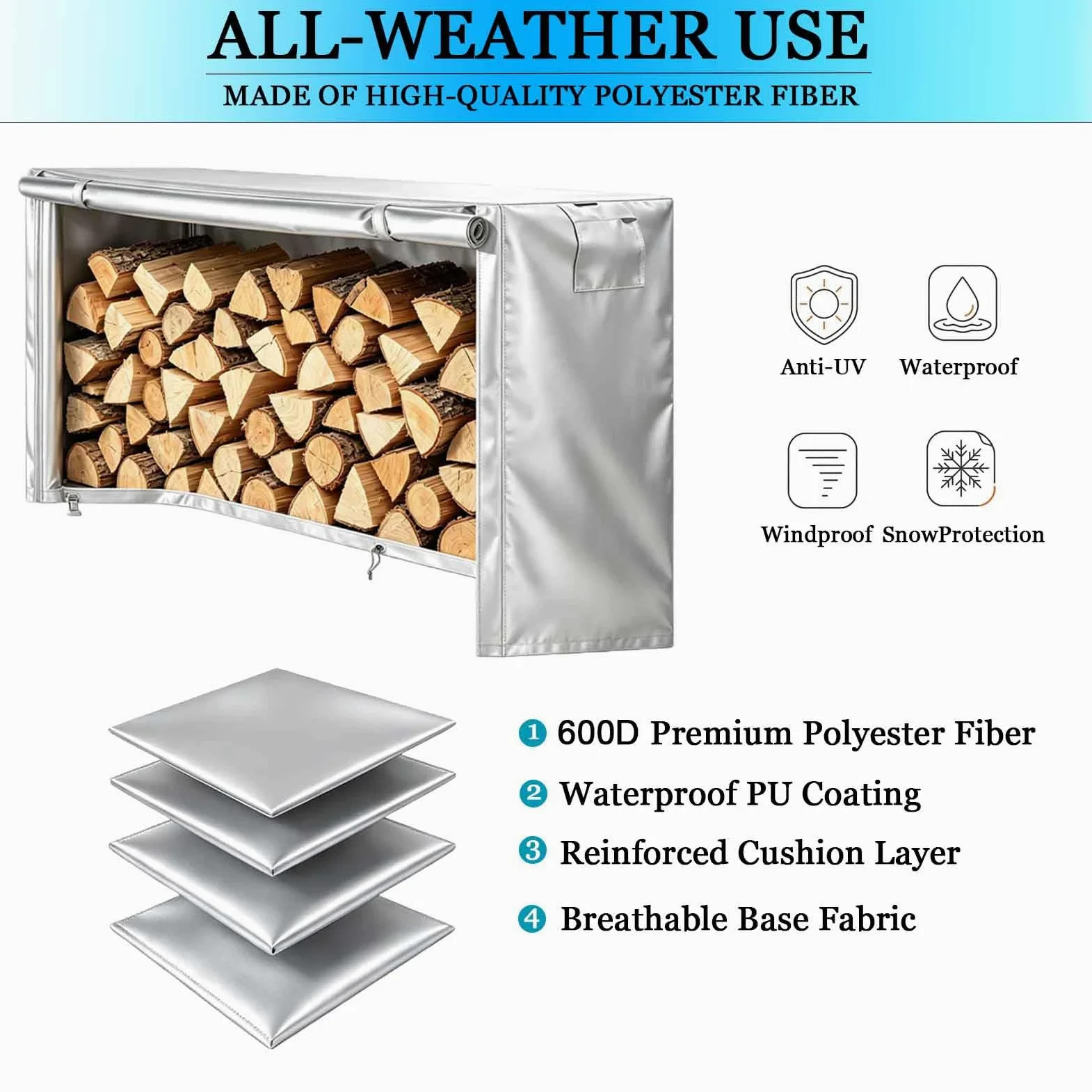 Copertura per Legna da Ardere | Tessuto 600D Oxford Impermeabile | 4/5/6/8/10/12 FT | Doppio Sistema di Ventilazione | Manici Rinforzati (Non Include Portapacchi),Argento,244x61x122cm