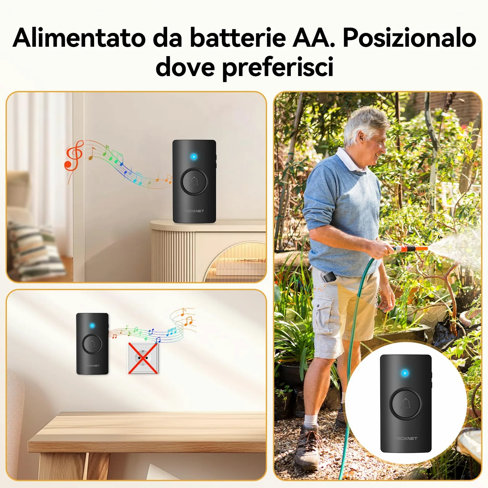 TECKNET Campanello Senza Fili IP65 Impermeabile 400m per Casa | 2 trasmettitori e 1 ricevitore, 60 suonerie, 5 livelli volume, batteria inclusa, Funzione di memoria, LED, per esterno