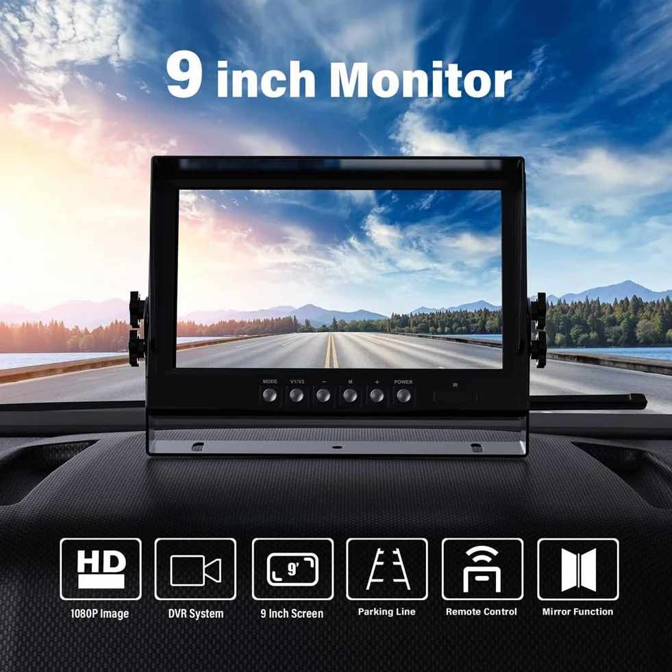Monitor per Auto da 9" LCD, 4 Canali 4CH, Schermo Diviso Quadrato per Telecamera di Retromarcia per Auto e Camion