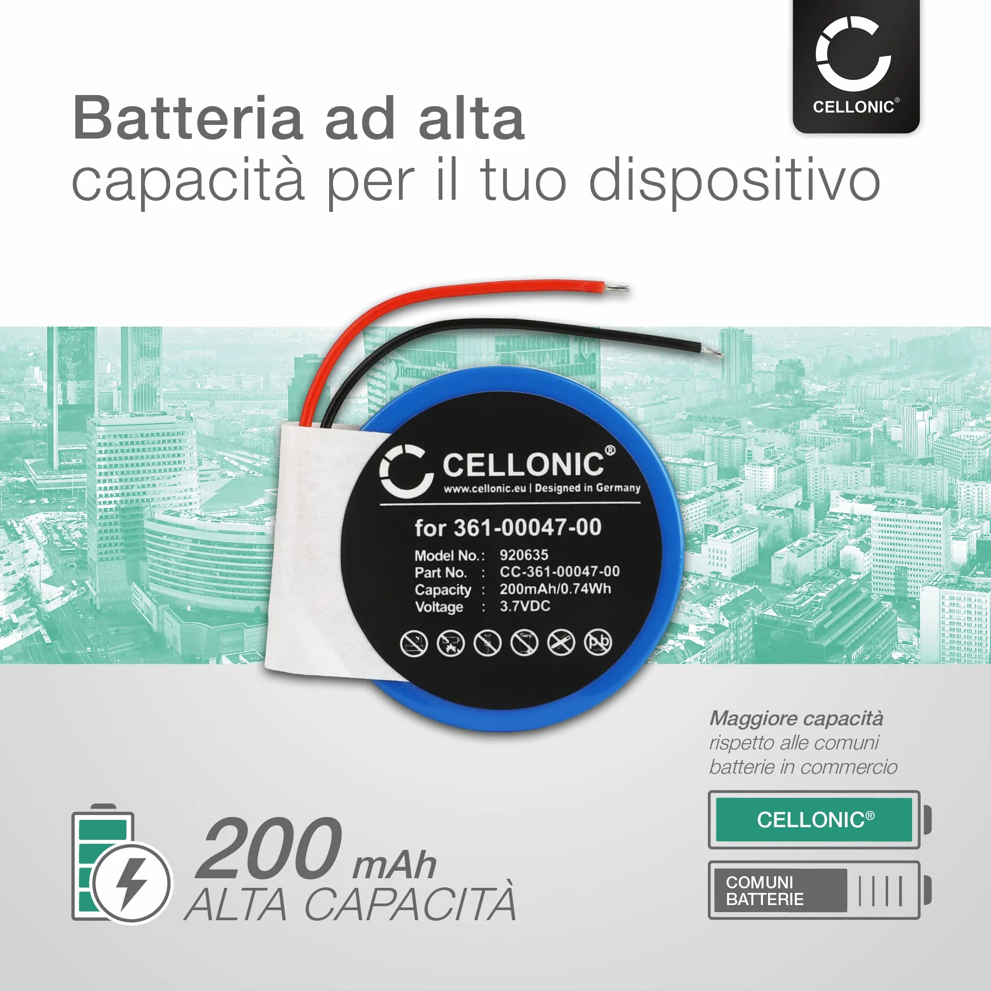 CELLONIC 1x Batteria per Smartwatch e braccialetto fitness Compatibile con Garmin Approach S2, Forerunner 110, Forerunner 210, 361-00047-00 – (200mAh, 3.7V)