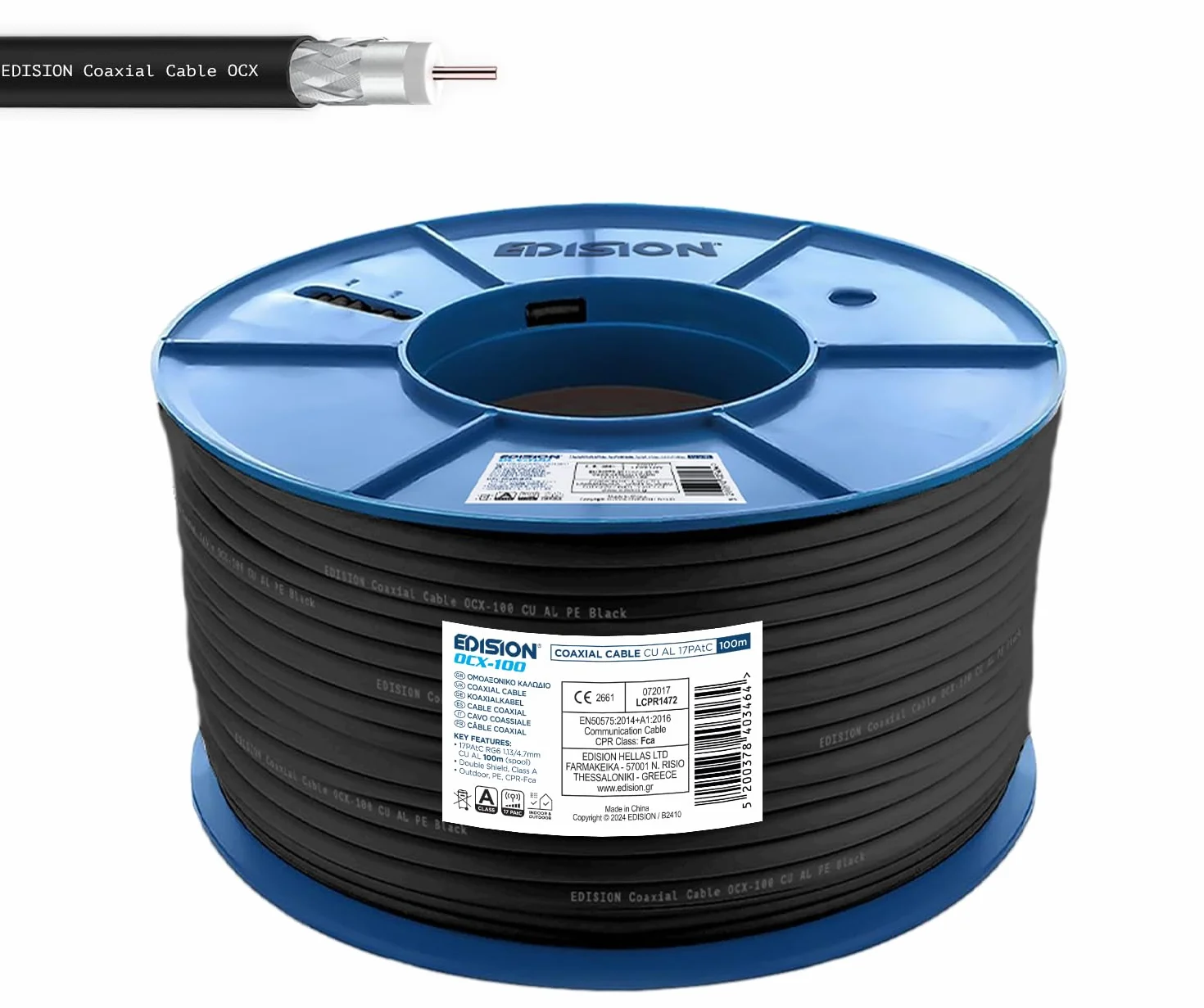 EDISION OCX-100 Cavo Coassiale 100m Antenna TV SAT Esterno/Interna PE Nero, Rame CU/AL, 17PAtC, CPR Fca, Classe A per DVB-S2/T/T2/C, RADIO - Bobina Plastica