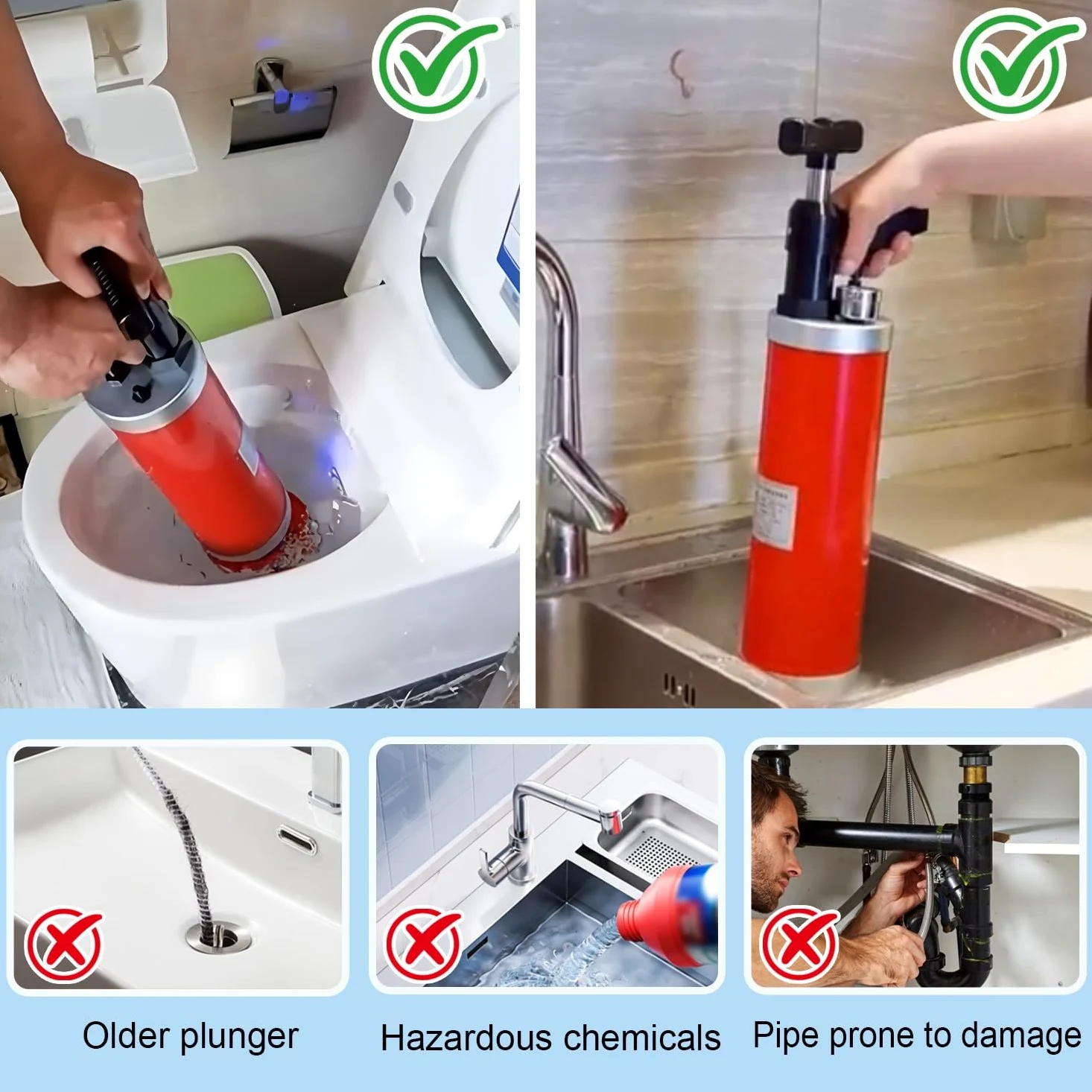 Pompa Stura scarichi a Pressione Stantuffo per WC Sturalavandini a Pressione Sturatubi ad Aria Compressa 4 in 1 Stura WC con 4 Teste Sostituibili, Barometro, per Disintasare WC