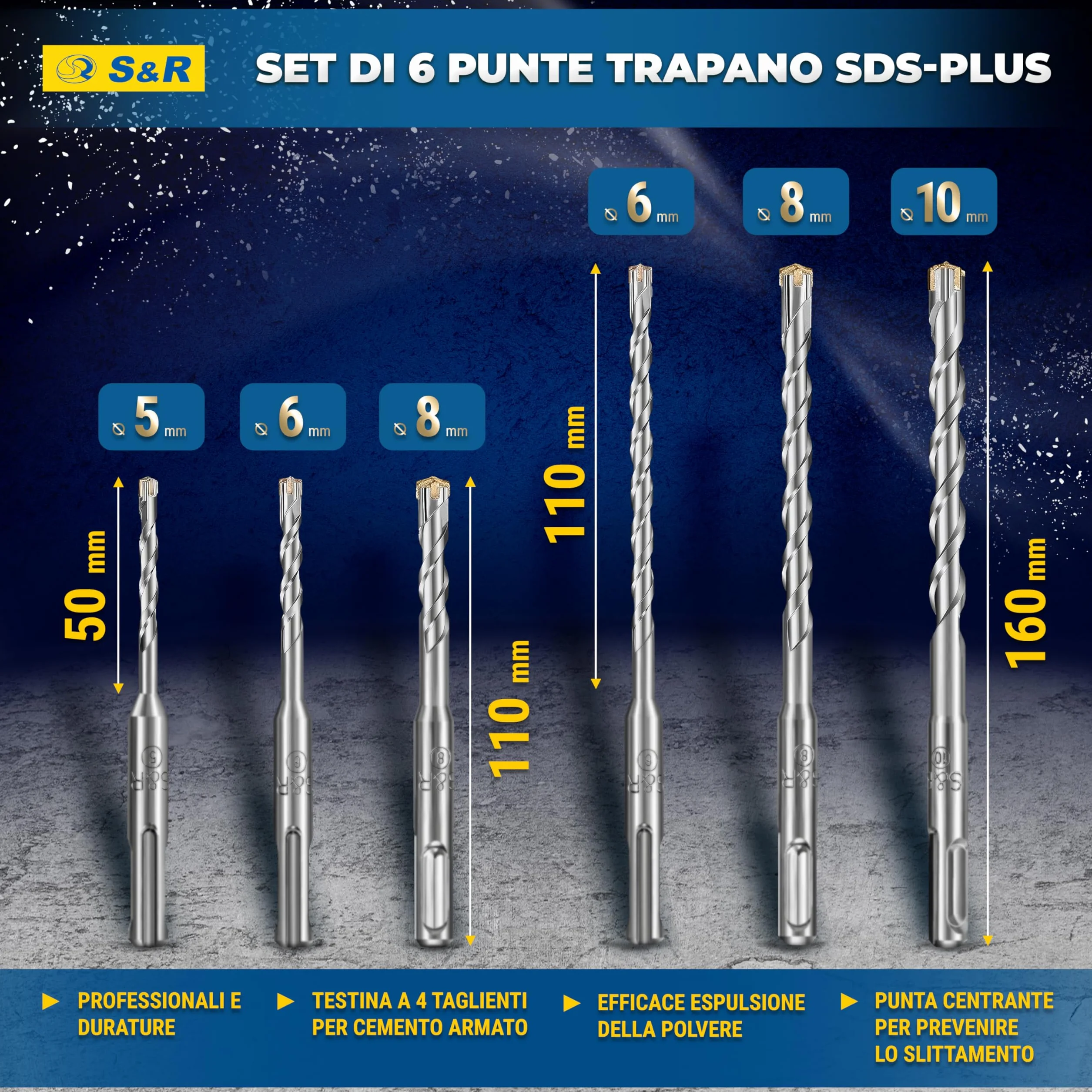 S&R Set Punte Trapano SDS-Plus 4 taglienti 6 pezzi Ø 5-8 x 11cm 6-10 x 16cm per Cemento Armato Muratura