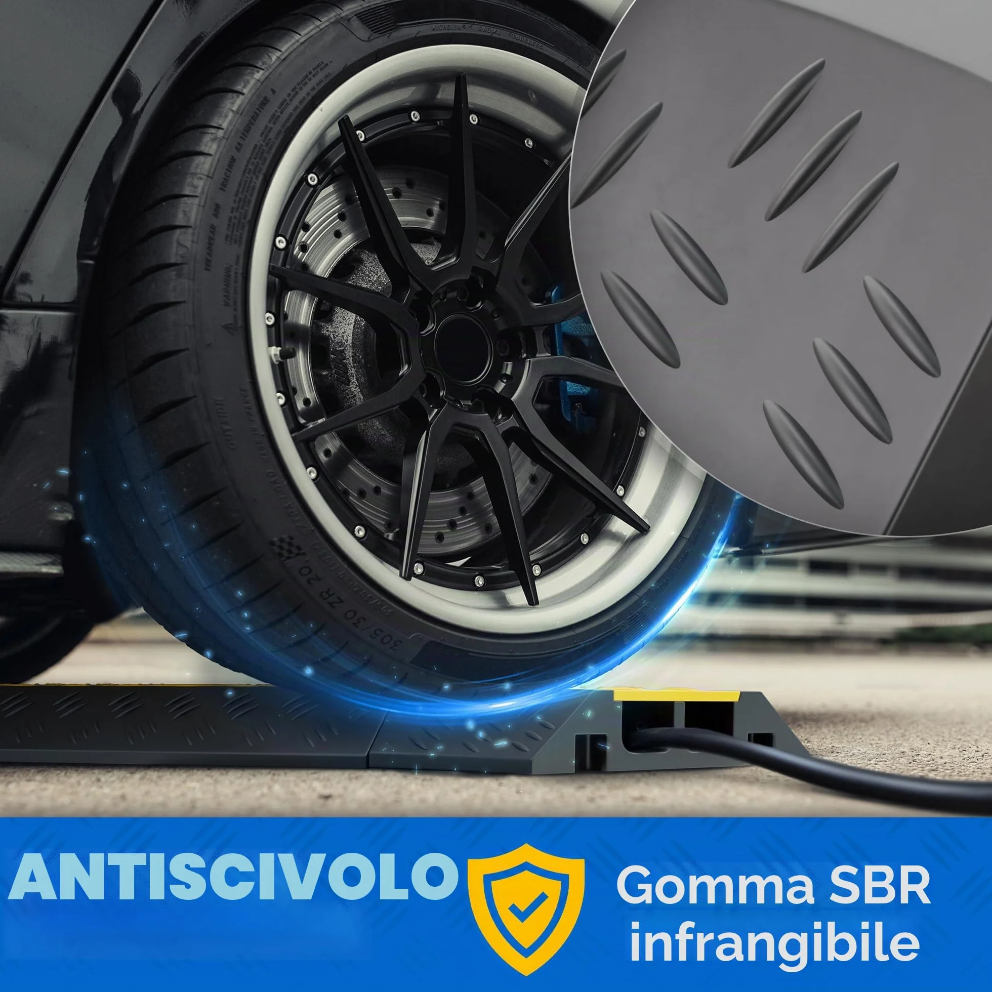 Ponte cavo 2 canali con coperchio, protezione urti 20 t, gomma 100 x 25 x 5 cm