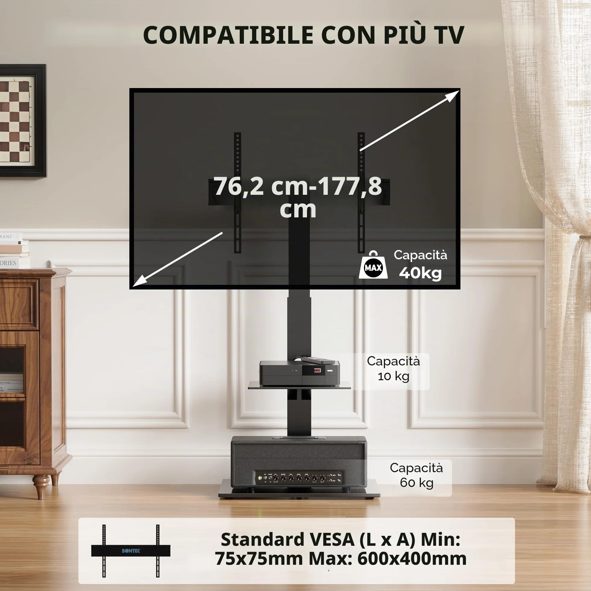BONTEC Universale Supporto TV da pavimento per TV da 30-70 pollici LED OLED LCD, Porta TV da Terra Regolabile in Altezza con Ripiani in Vetro Temperato a 2 Livelli Max VESA 600x400mm, Fino a 40KG