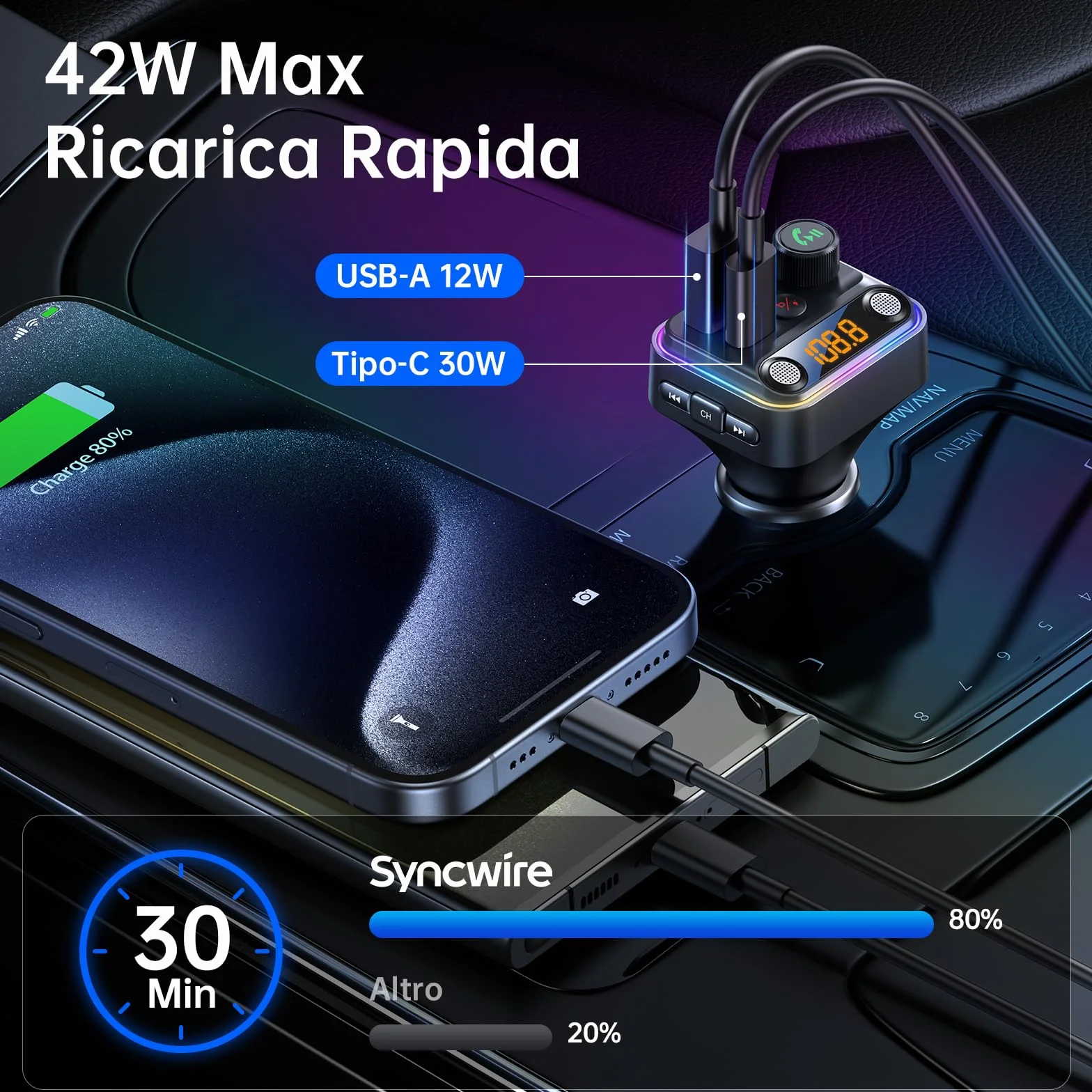 Syncwire Trasmettitore FM Bluetooth 5.4 Auto 42W [Interruttore Luminoso] [Microfoni Doppi Potenziati & Bassi HiFi] [Ricarica Veloce] Adattatore Musicale Wireless per FM Radio, Chiamata Mani Libere