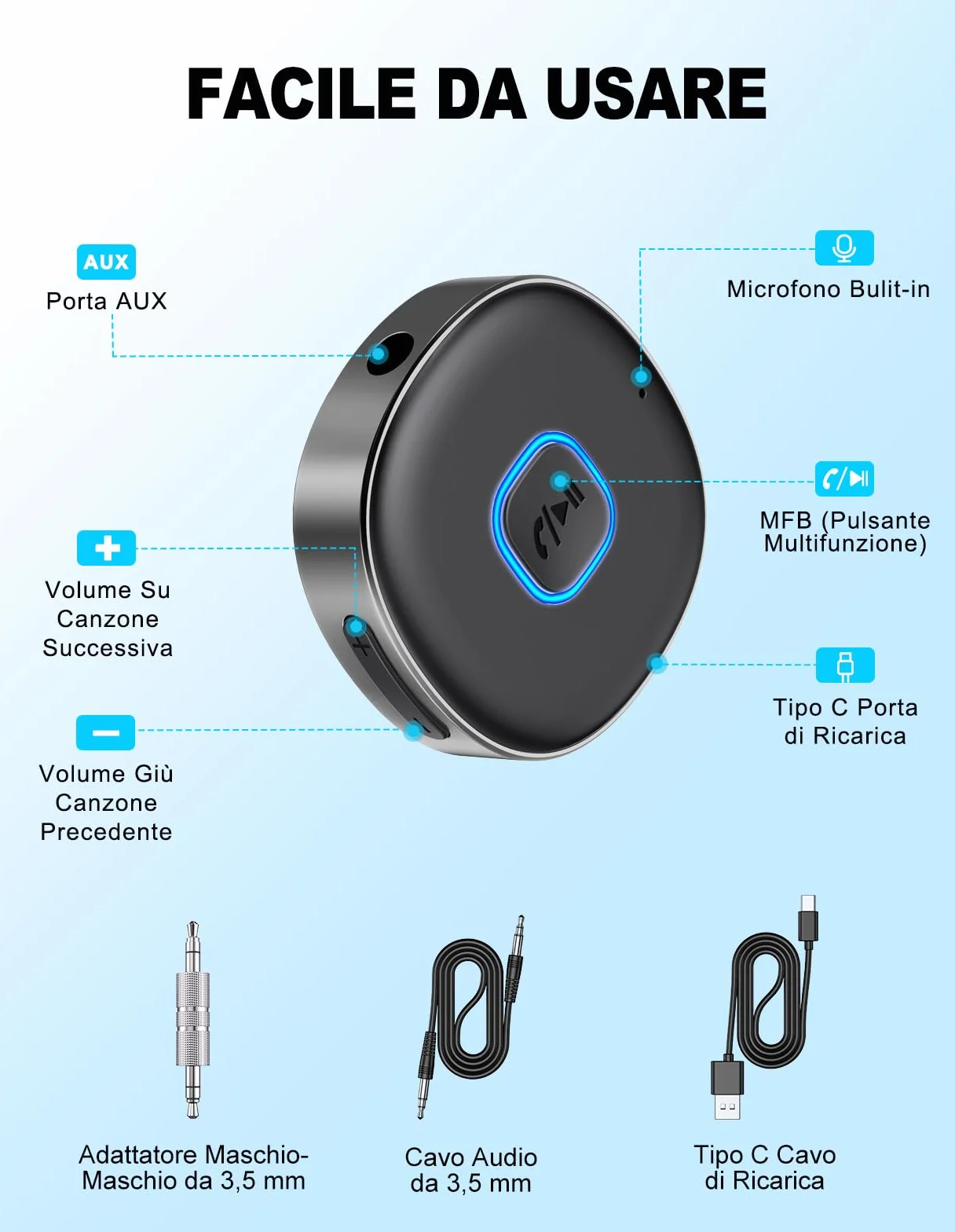 Mohard Ricevitore Bluetooth 5.3, Mini Aux Bluetooth Auto per Stereo/Cuffie Cablate/Altoparlante, Jack 3.5 mm Adattatore Amplificatori, 16 Ore di Riproduzione, Chiamate in Vivavoce, Connessione Doppia