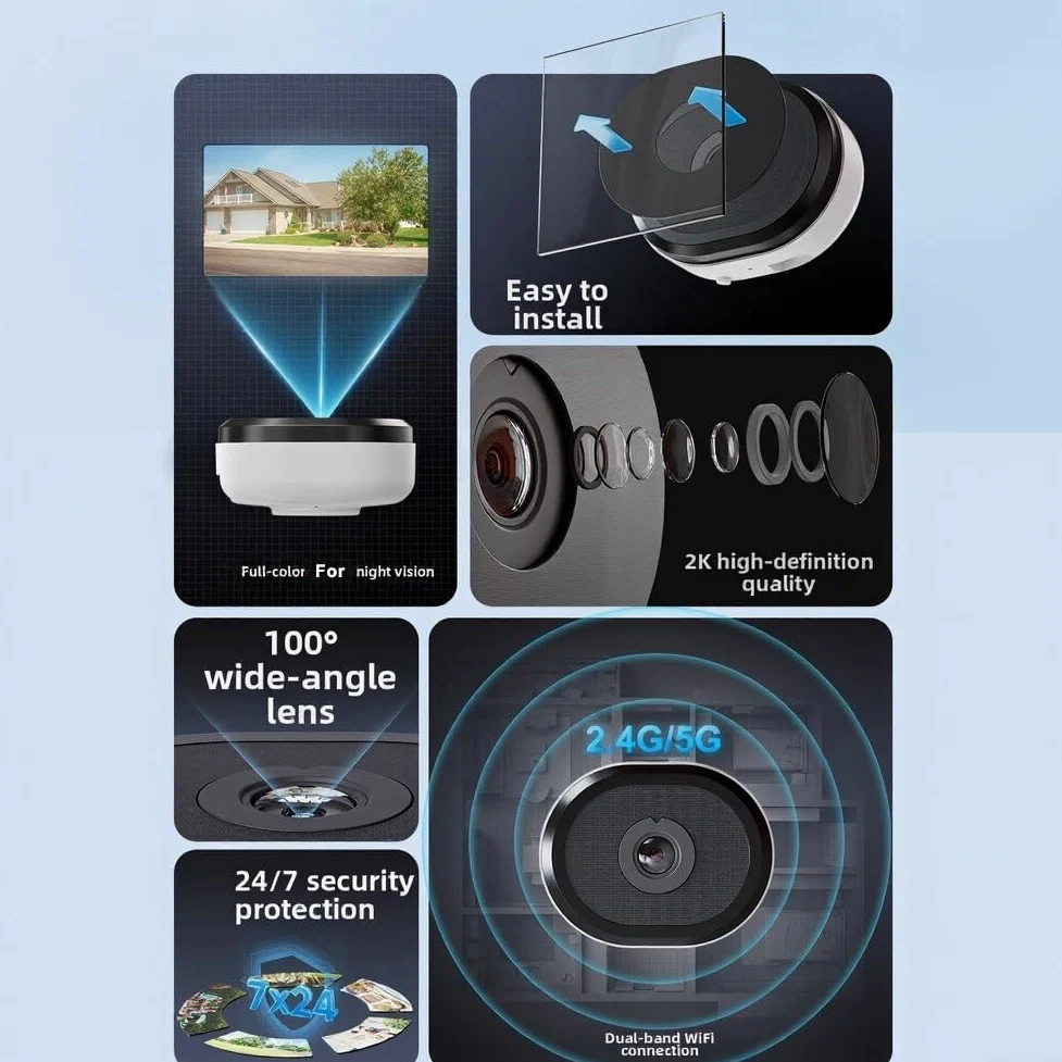 Telecamera Wi-Fi 2K 3MP con AI, visione notturna a colori, audio a 2 vie, WiFi 2,4/5 GHz, telecamera di sorveglianza per interni/esterni, bianco