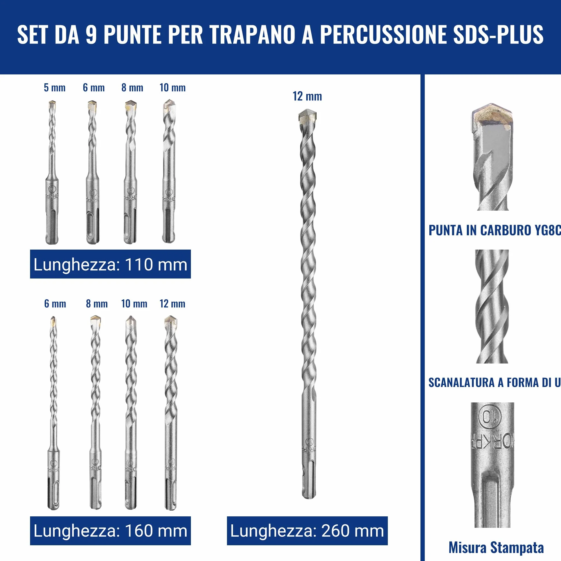 WORKPRO Set 15 punte trapano SDS-Plus per cemento muratura martello perforatore