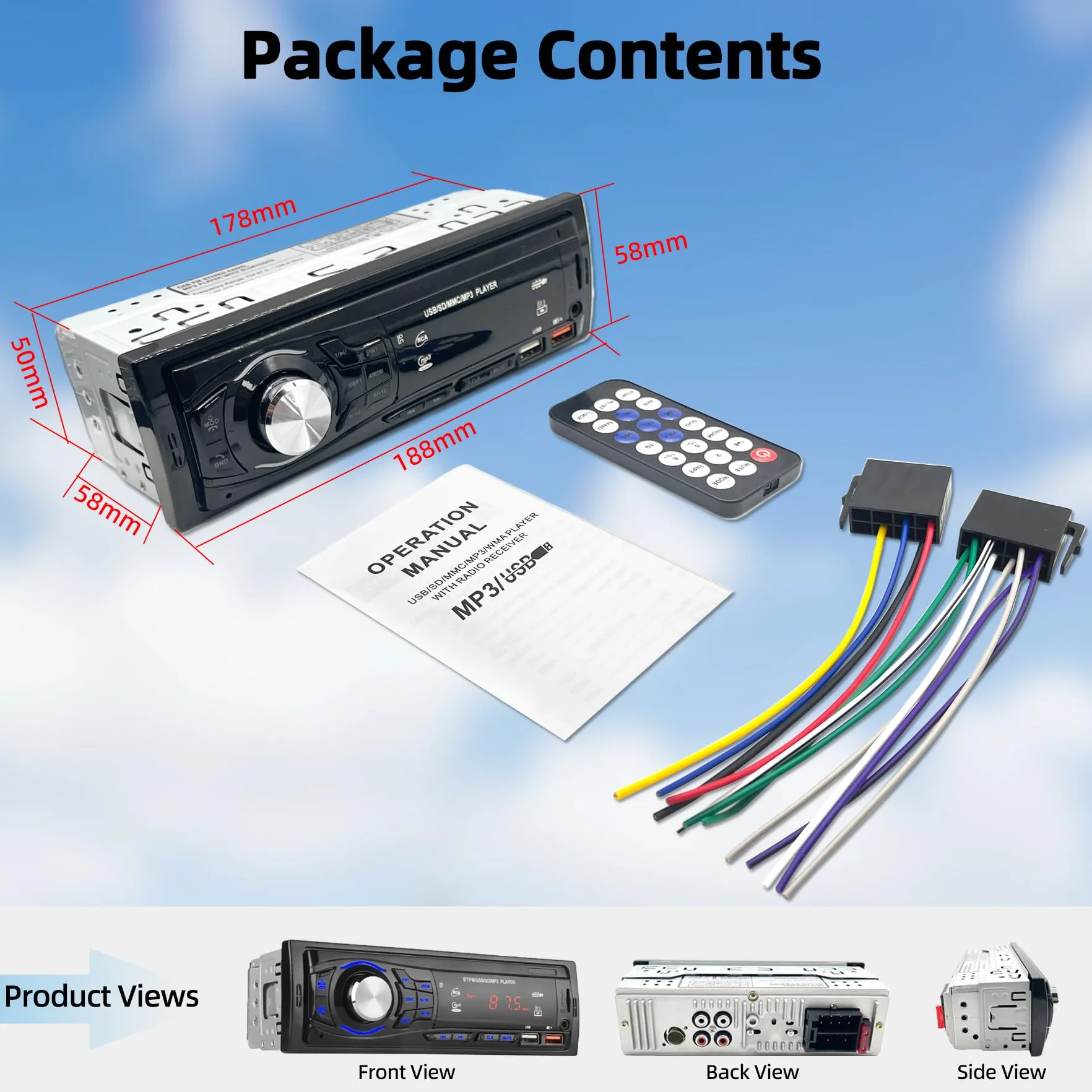 Autoradio Bluetooth 1 DIN - Stereo Auto con 2 Porte USB, Vivavoce Bluetooth, Radio FM, Supporto MP3 via USB/SD/AUX, Telecomando Incluso - Autoradio per auto 12V (nero)