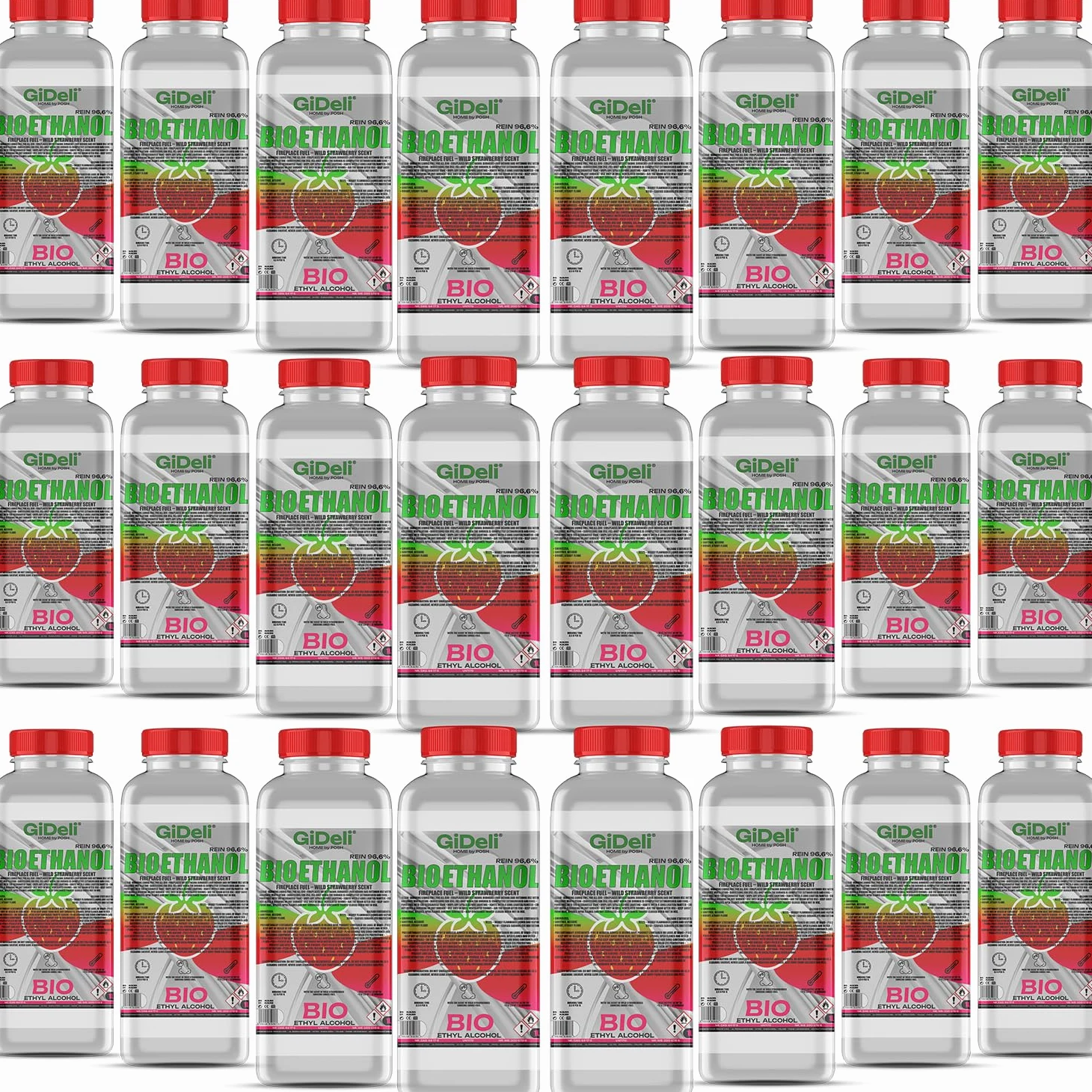 GiDeli bioetanolo 24 x 1 l profumo di fragola forestale 96,6% etanolo per camini interni ed esterni, senza fumo e fuliggine – da mais e barbabietola da zucchero