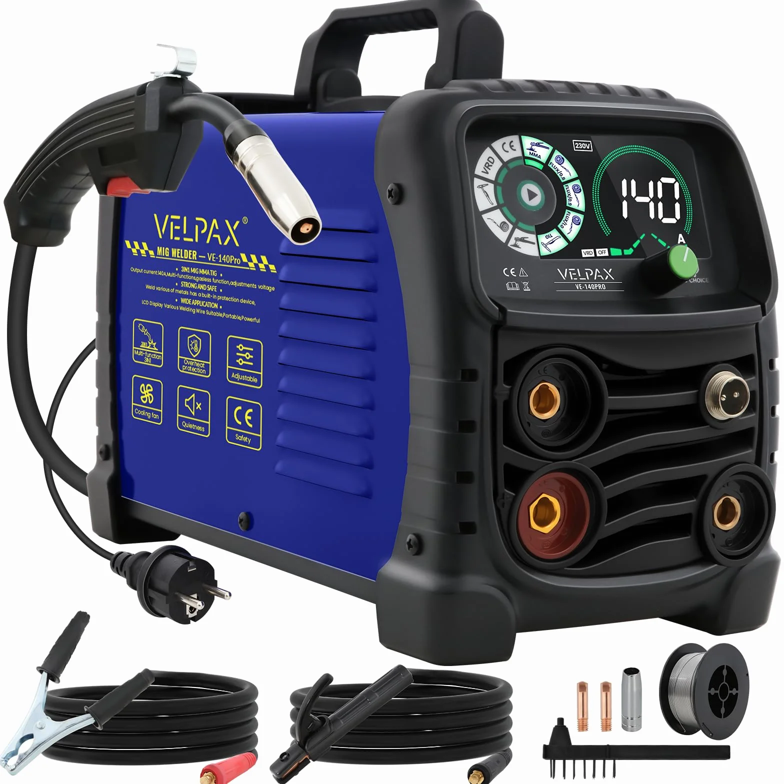 Saldatrice a Filo Continuo Senza Gas 140A 3 in 1 MIG/ARC/Lift TIG IGBT Inverter con Display LED