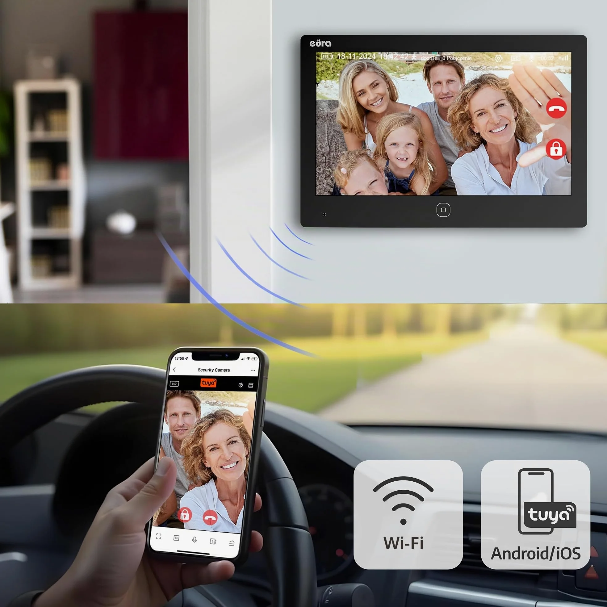 Eura VDP-45A3-2TY VDP-49A3-2TY TUYA Videocitofono WiFi, AHD, RFID, monitor a colori da 7 pollici, doppio filo, nero