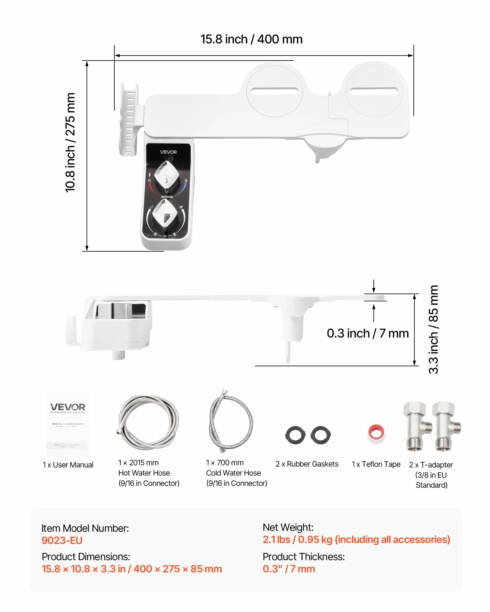 VEVOR Attacco per WC Bidet da 7 mm Ultrasottile con 2 Ugelli Retrattili Acqua Fredda Calda Pressione Regolabile