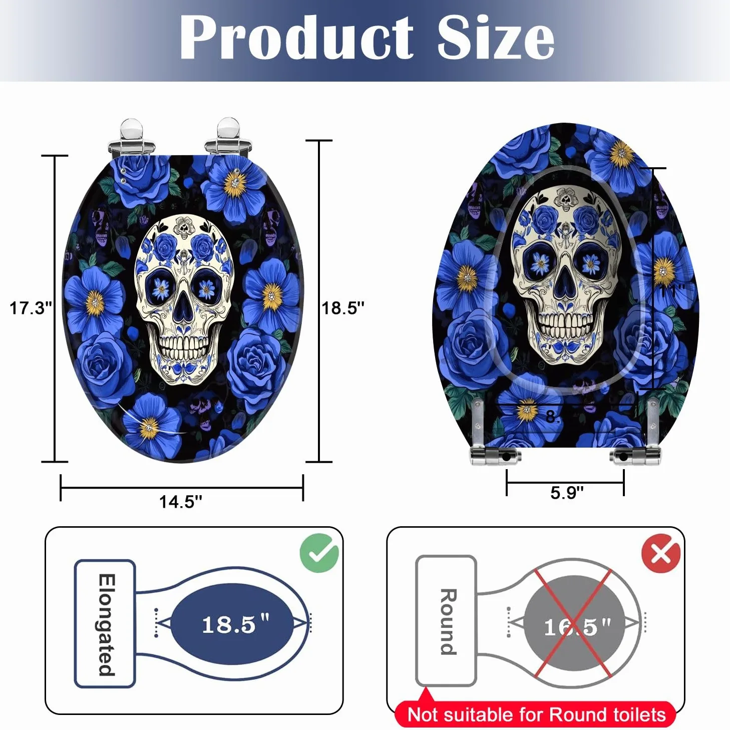 Copriwater Allungato Decorativo In Resina con Teschi Di Zucchero E Fiori Blu, Motivo Nero Senza Cuciture, Chiusura Lenta E Silenziosa, Cerniere A Sgancio Rapido, Facile Da Pulire E Installar