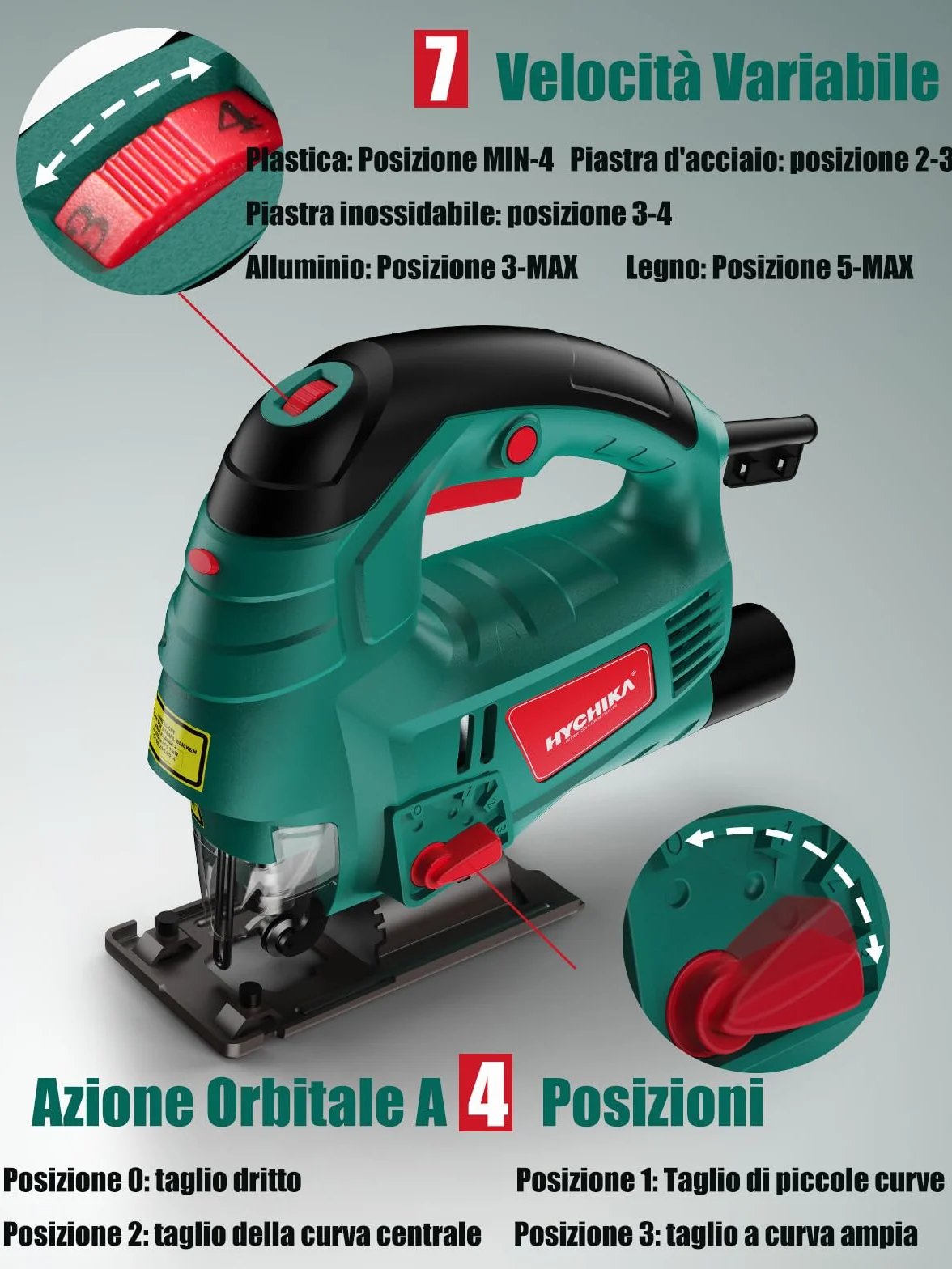 HYCHIKA Seghetto Alternativo 800W, Profondità di Taglio 110mm, 800~3000SPM, 7 Velocità Variabile, Angolo di Inclinazione Regolabile da ±45 °, Adatto per Metallo, Legno