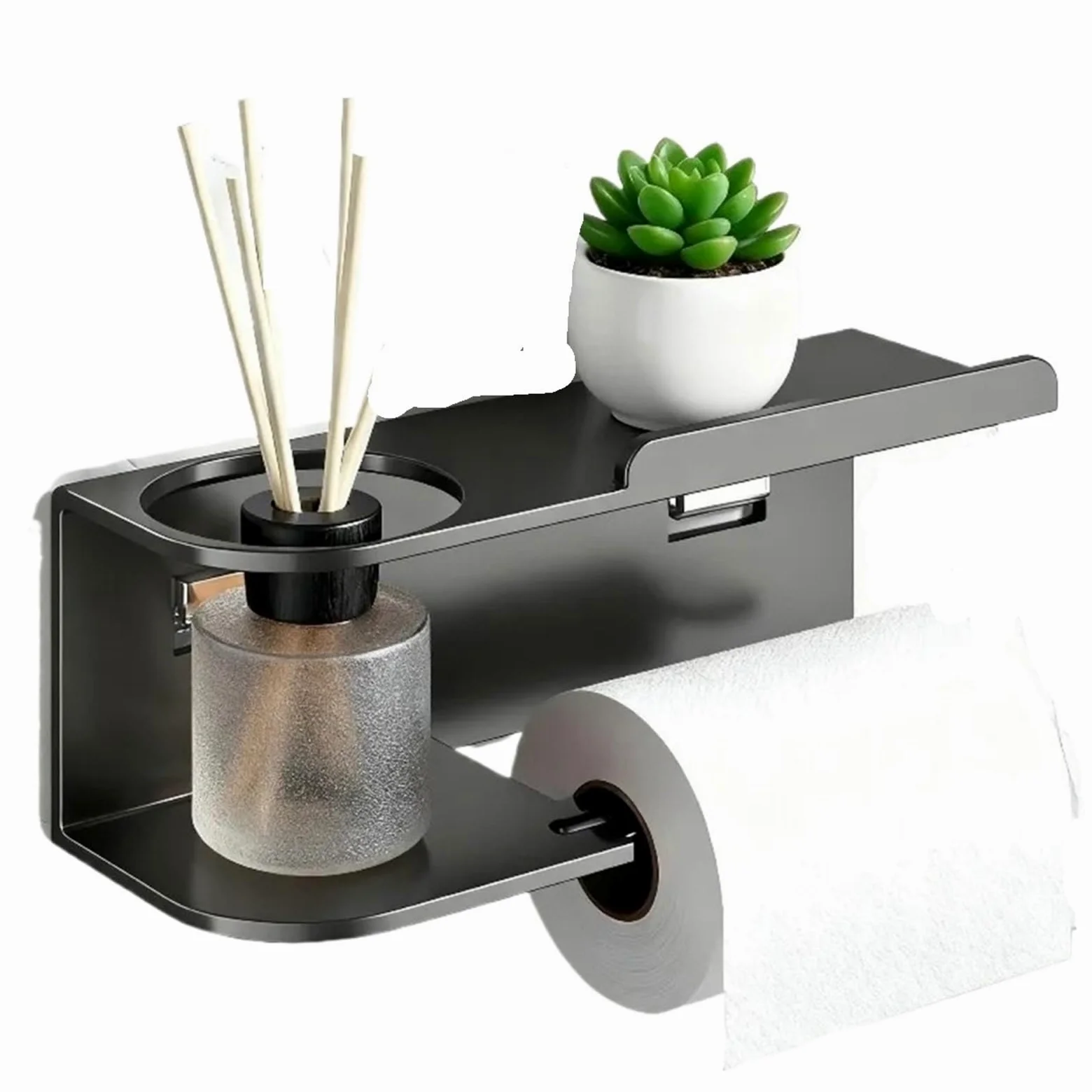 Portarotolo WC adesivo con mensola Porta carta igienica a parete | Con dispenser for rotoli e ripiano portaoggetti: organizer salvaspazio for il bagno di casa(Grey-B)