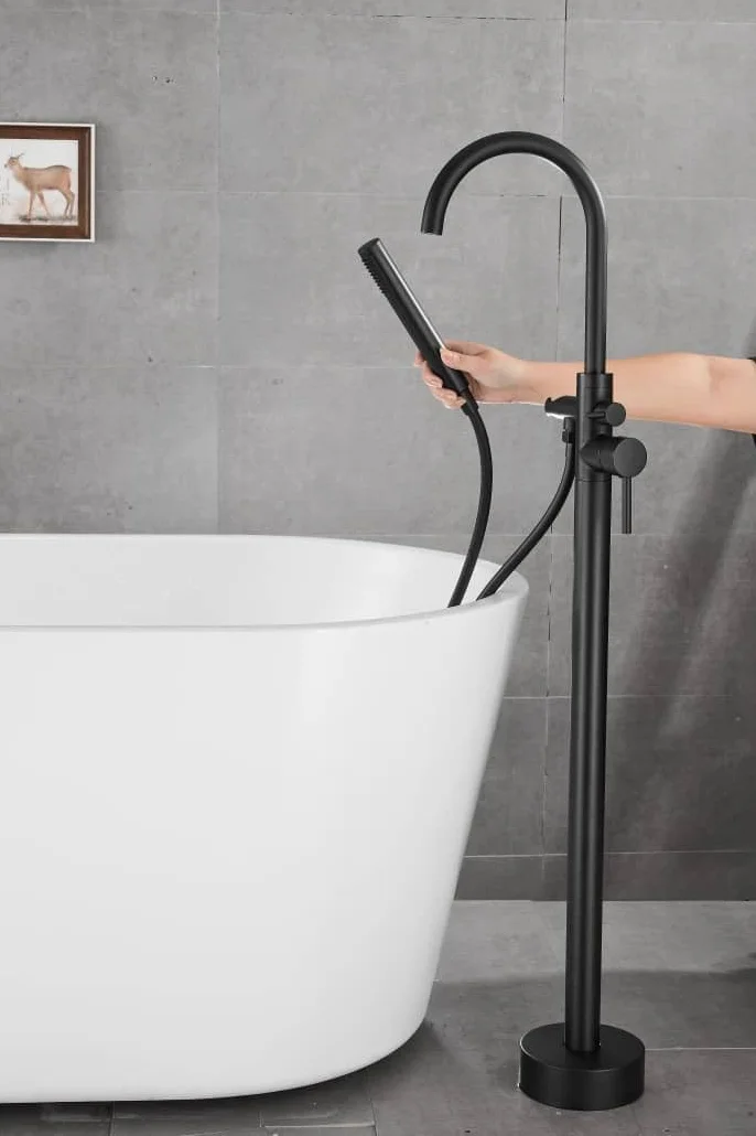 VALAZ Rubinetto Vasca Freestanding Nero Opaco | Rubinetto Vasca da Bagno Acqua Fredda e Calda, Risparmio Idrico | Installazione Facile e Veloce | Inox, Collo a Cigno Rotondo, serie Ebro