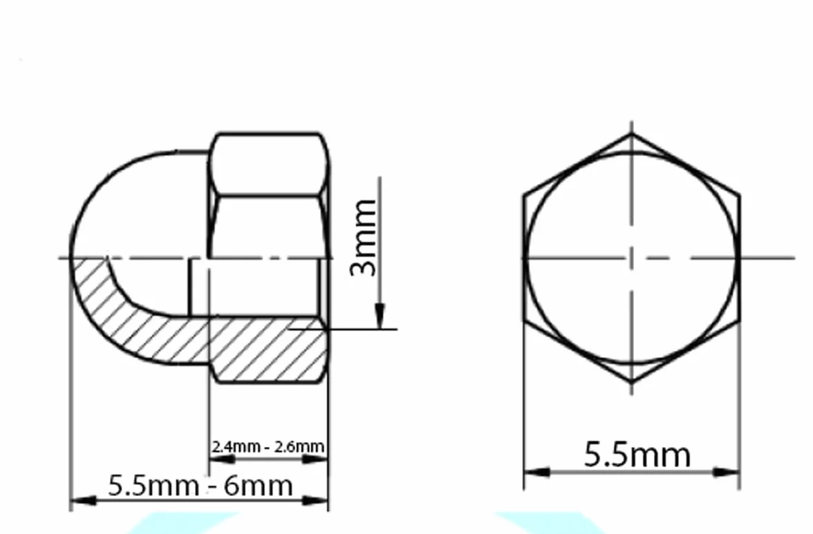 Dadi esagonali a cupola M3 ottone DIN 1587 confezione 20