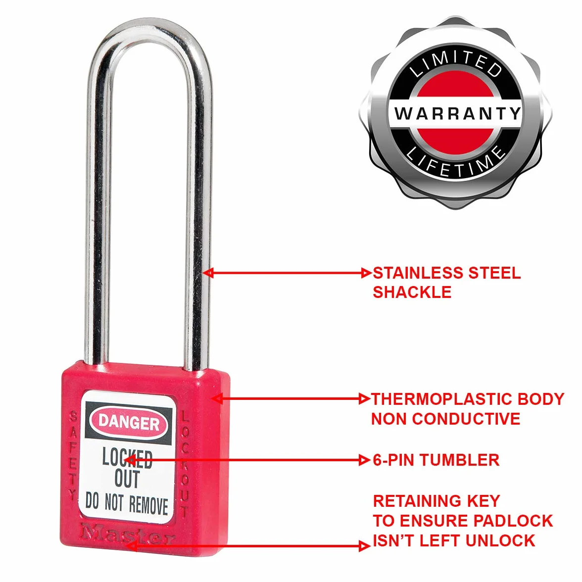 Master Lock 410LTRED - Lucchetto di sicurezza per serratura, extra lunghezza, colore: rosso
