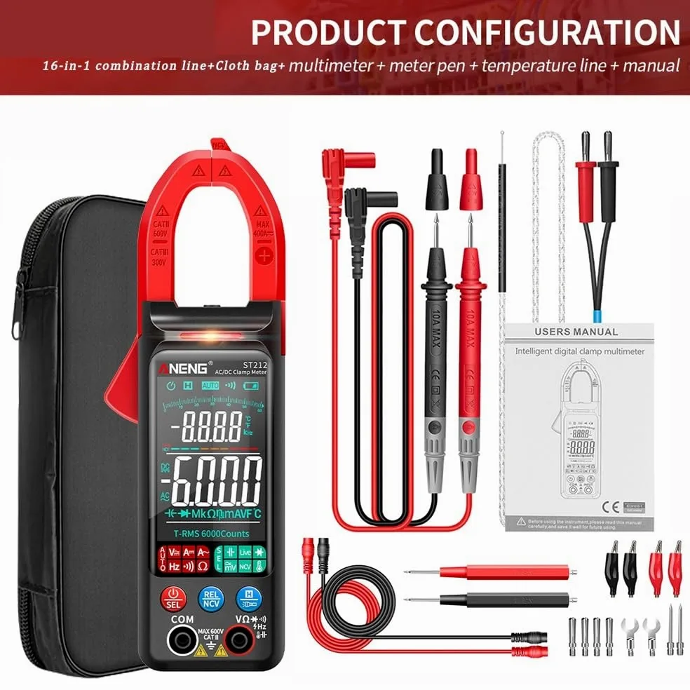 ST212 6000Counts 400A Pinza amperometrica digitale True RMS AC DC | Misura corrente AC DC e valori elettrici senza scollegare i circuiti per manutenzione e diagnosi(ST212 Red PRO)