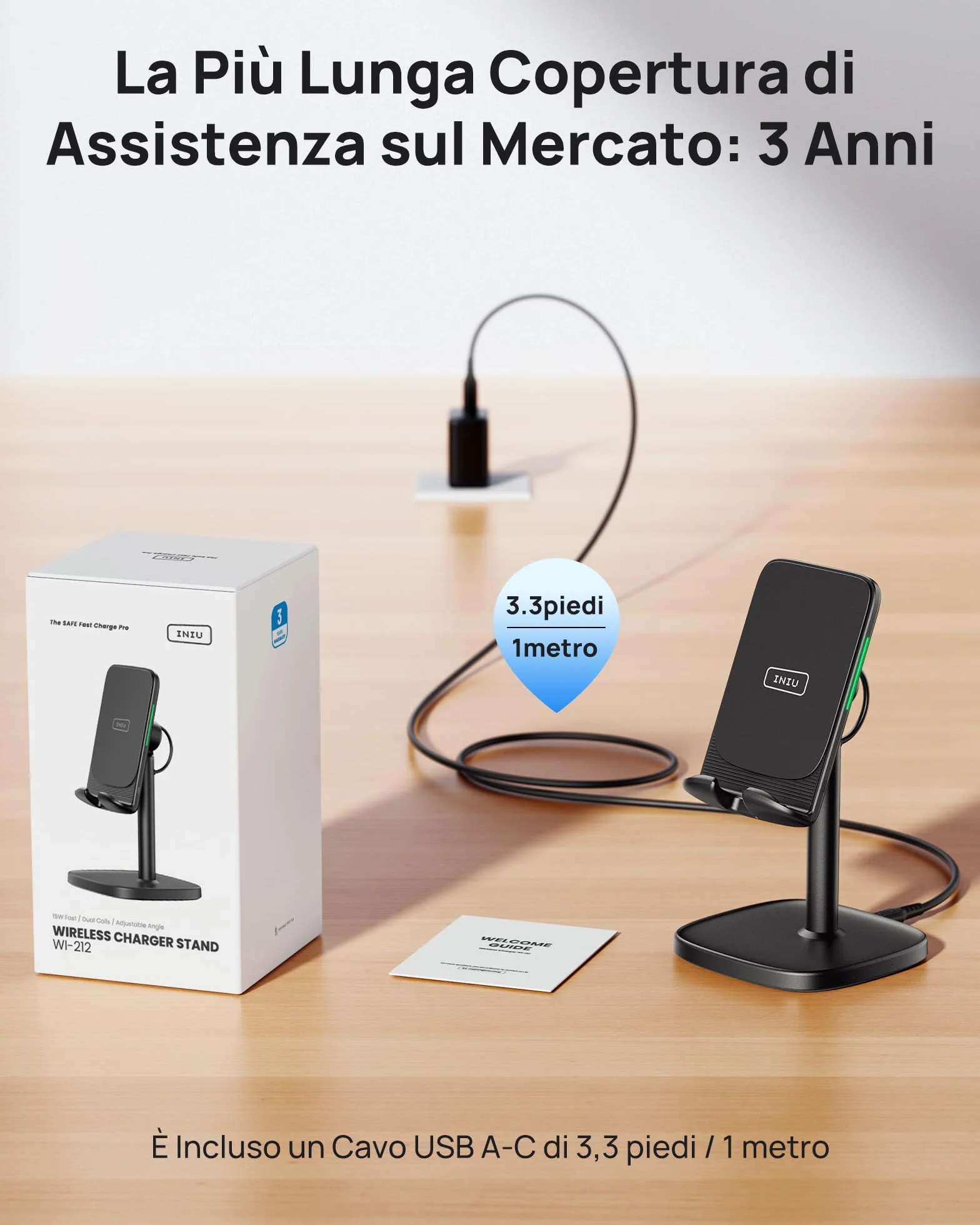 INIU Caricatore Wireless Phone Stand, 15W Certificato Qi Ricarica Rapida di Adujstable Wireless Charger Holder Indicatore Adattivo Supporto per iPhone 15 14 13 12 11 Samsung Galaxy Xiaomi Google LG