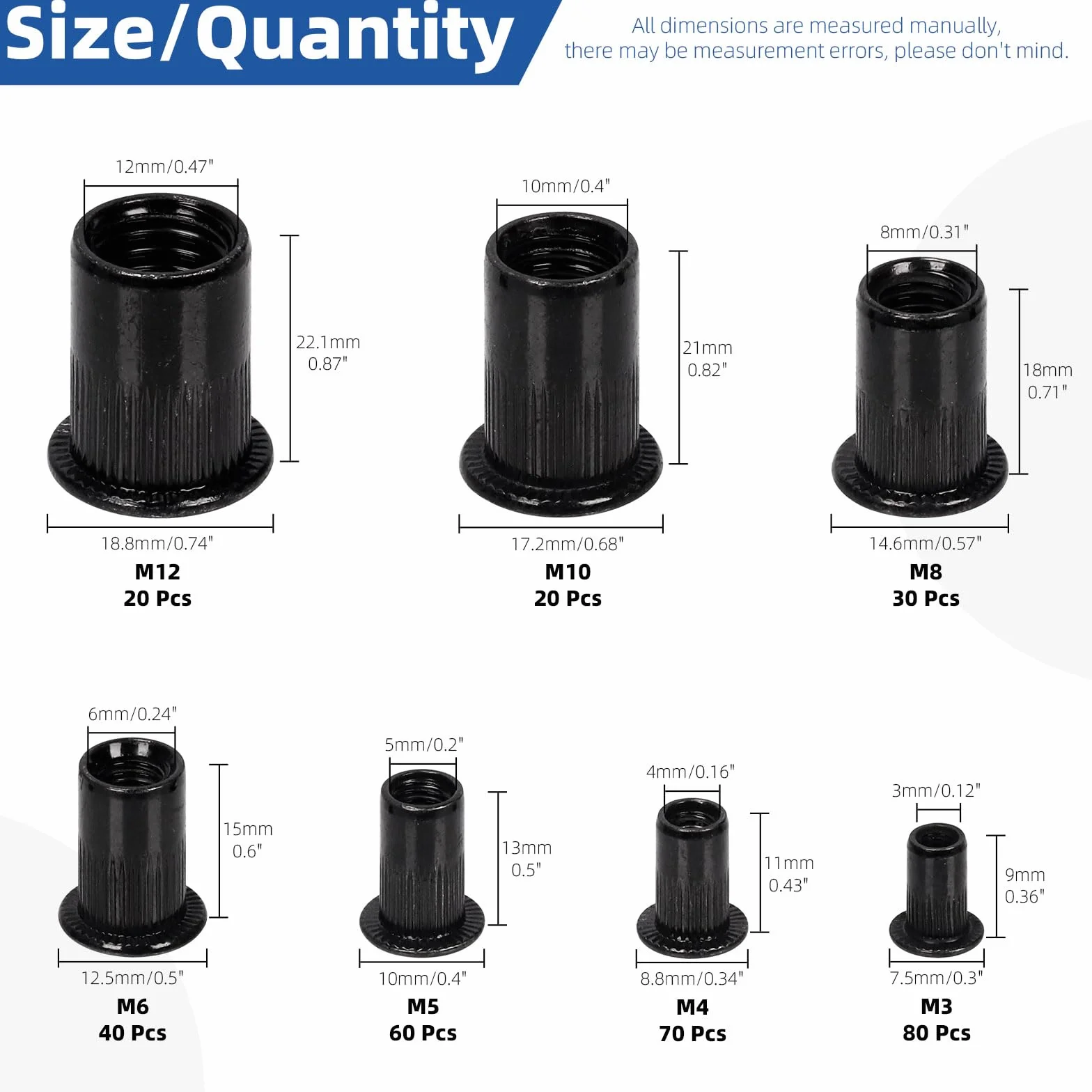 Glarks Set 320 dadi filettati M3 M4 M5 M6 M8 M10 M12 acciaio carbonio zincato nero testa piatta rivnut inserti filettati