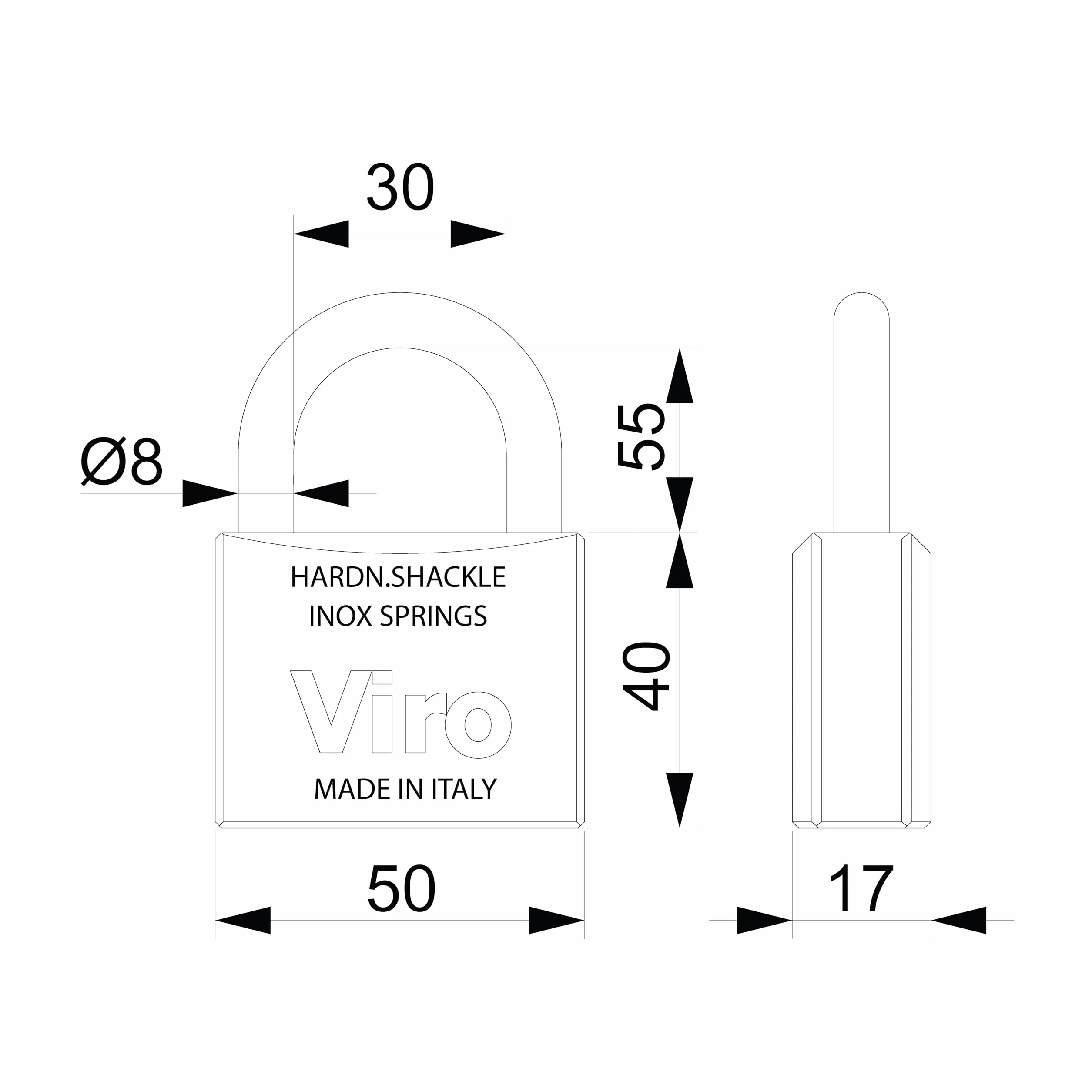 Viro | Mare, Lucchetto, Resistente alla Corrosione, Base in Ottone 50 mm, Arco Lungo in Acciaio Inox, Chiusura a Scatto