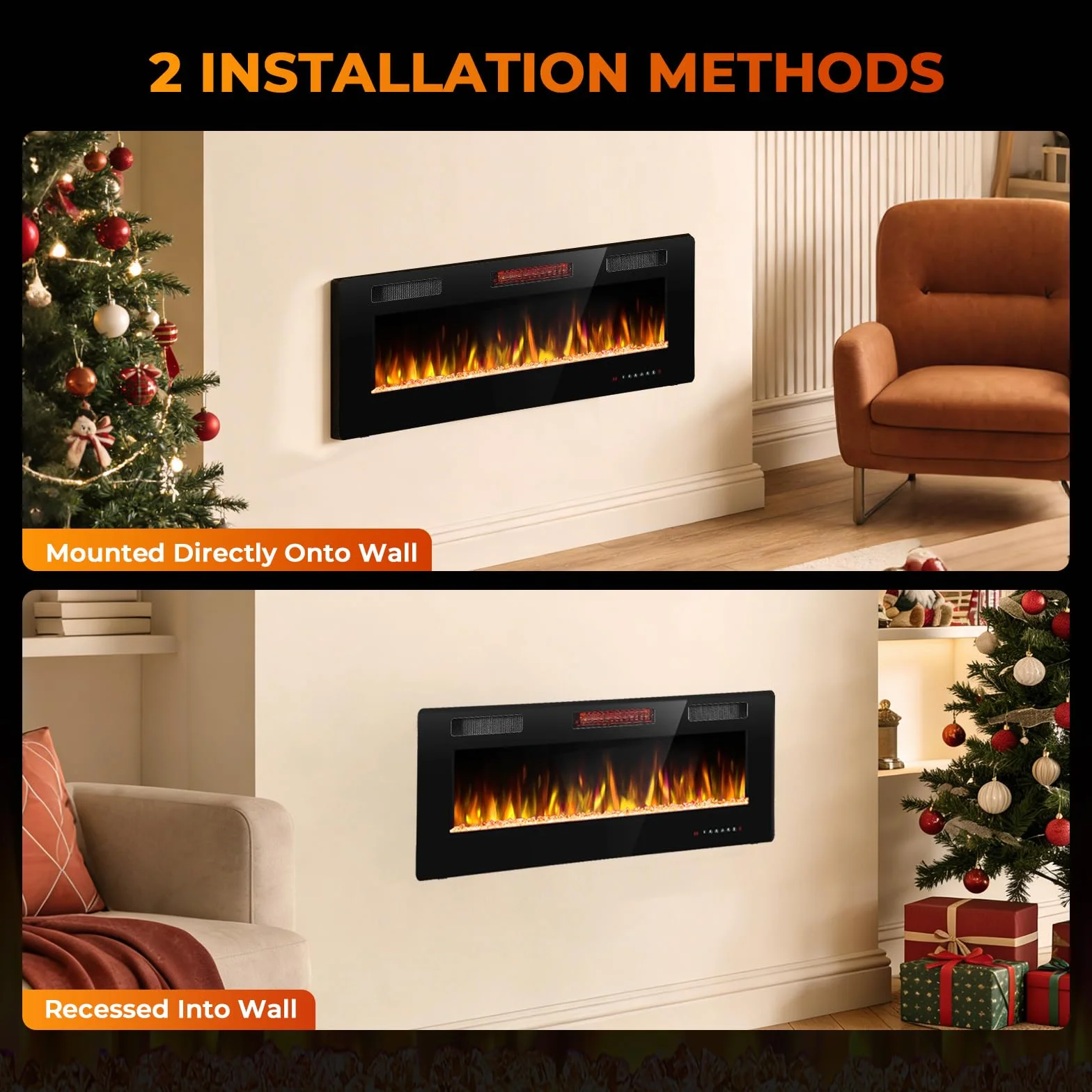R.W.FLAME Camino Elettrico da Incasso 50 Pollici 127 cm 750/1500W Fiamma Realistica Regolabile Telecomando Riscaldamento Ultra Piatto Lineare