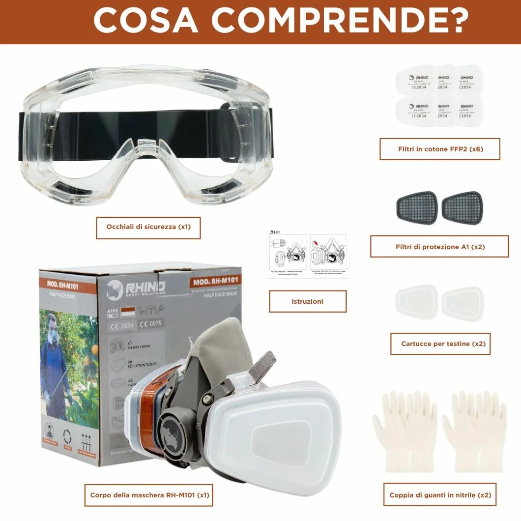RHINO Smart Solutions Maschera Antigas A1 con Filtri, Occhiali, Guanti di Sicurezza Antipolvere Verniciatura