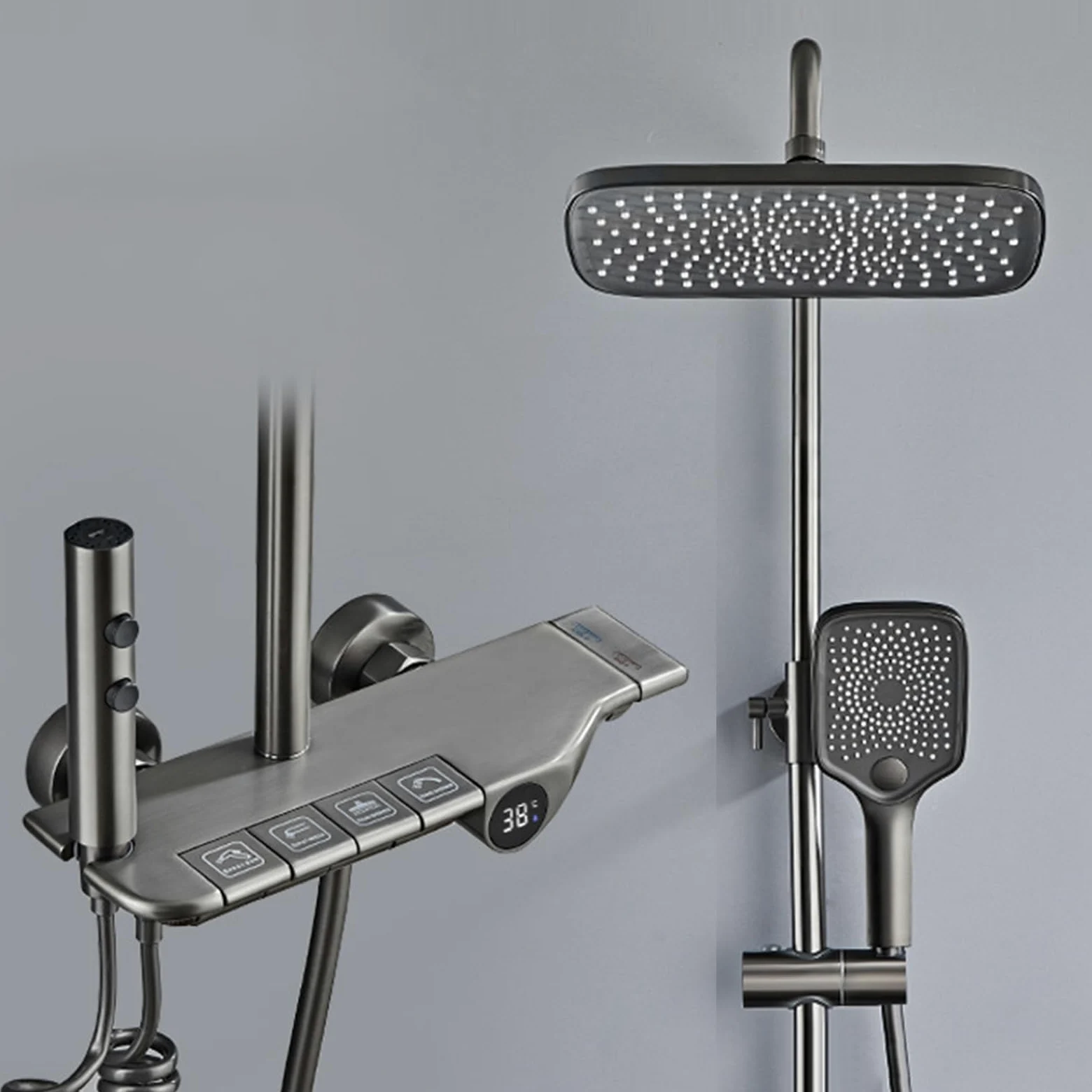 Set Rubinetto Doccia Grigio, Sistema di visualizzazione Digitale, Miscelatore Regolabile in Altezza con soffione a Pioggia 30x20 cm, doccetta a 3 modalità, spruzzatore Bidet a 2 Fu