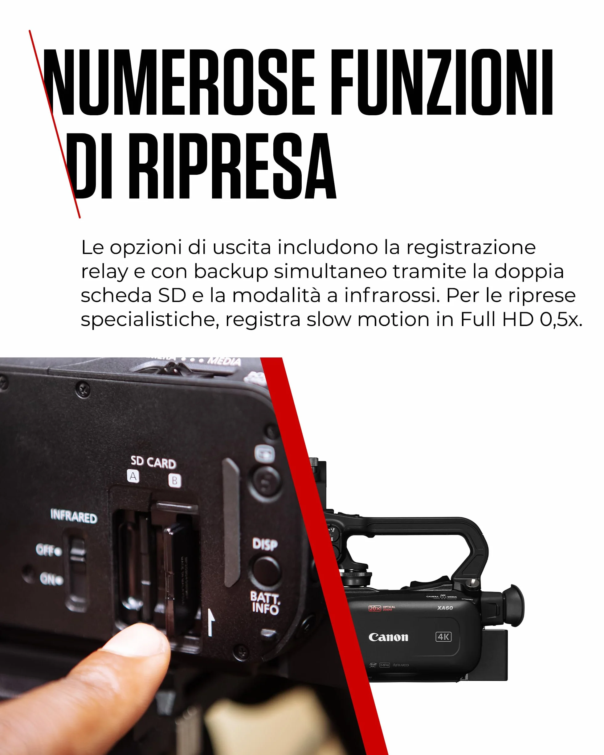 Canon XA60 - Videocamera 4K Professionale con Messa a Fuoco Automatica, Zoom Ottico 20x, Stabilizzazione a 5 Assi, Uscita HDMI e Streaming Live HD via USB-C