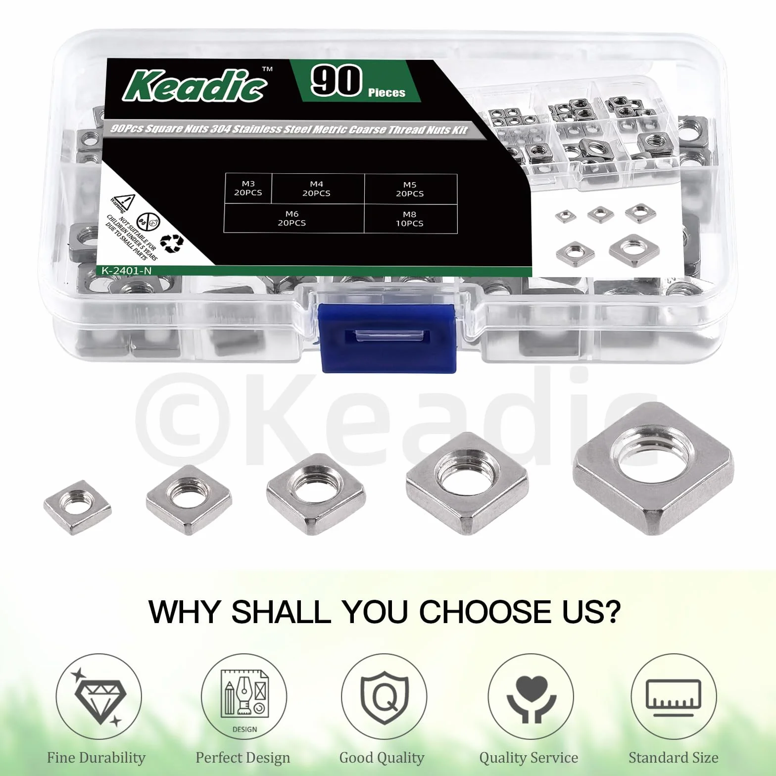 Keadic Set 90 dadi quadrati in acciaio inox 304 M3 M4 M5 M6 M8