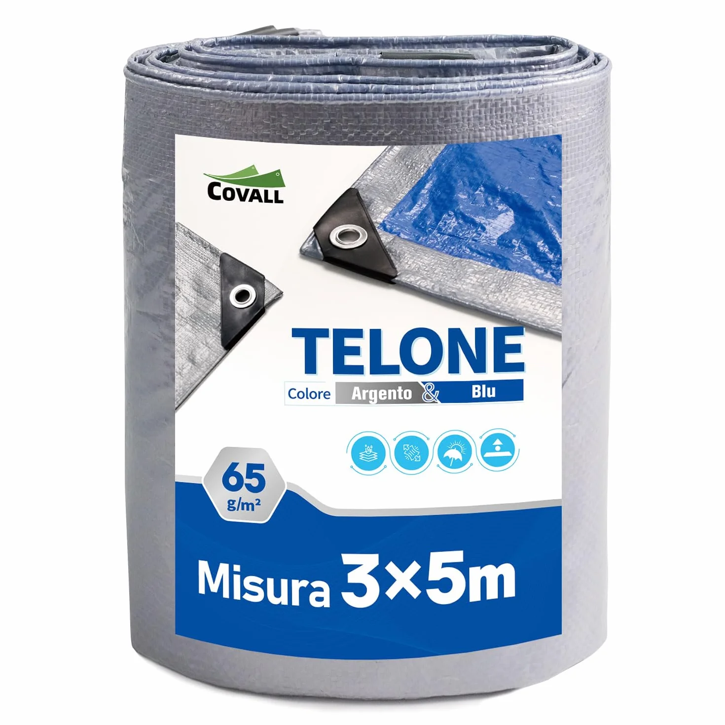 Telone Occhiellato Leggero Argento/Blu Antistrappo Impermeabile Antivento e Resistente ai Raggi UV per Auto,Camion,RV,Casa,Tenda,Barca,Piscina Telo 65g/m² （3x5）