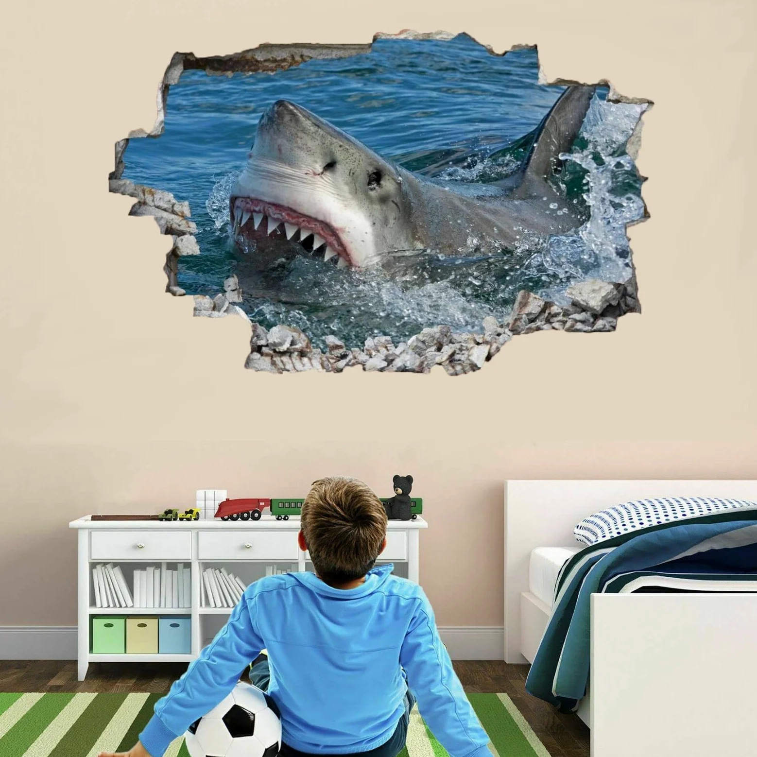 Squalo Decalcomanie Da Muro Art 3D Fracassato Animale Adesivi Murali Removibili Carta Da Parati Camera Da Letto Autoadesivo Per Ragazze Camera Da Letto Nursery Home Decor Gift 75x113cm