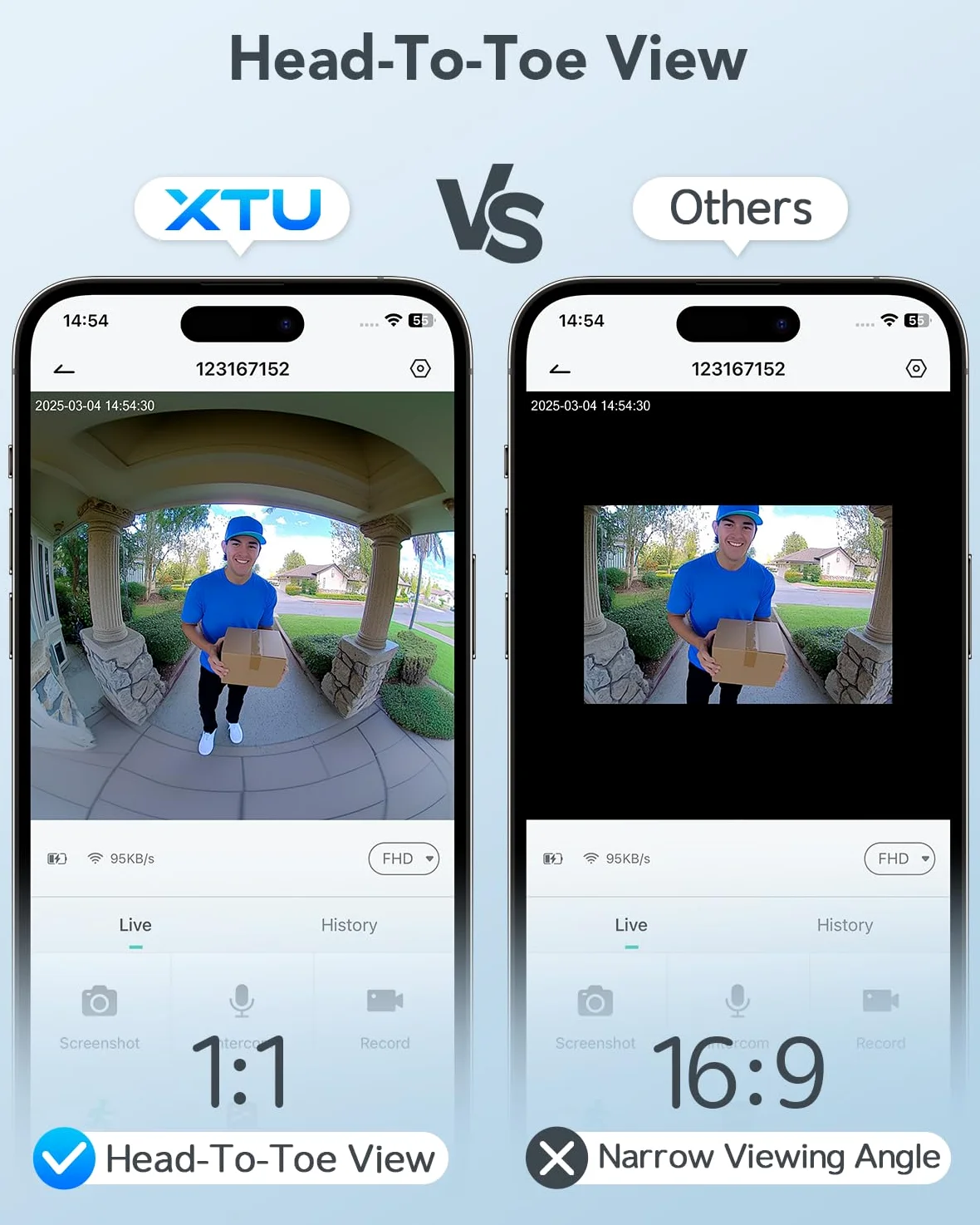 XTU Videocitofono wireless, 2K HD, con campanello intelligente per porta, vista dalla testa ai piedi, funzionamento a batteria, rilevamento del movimento PIR, visione notturna, audio a 2 vie, scheda