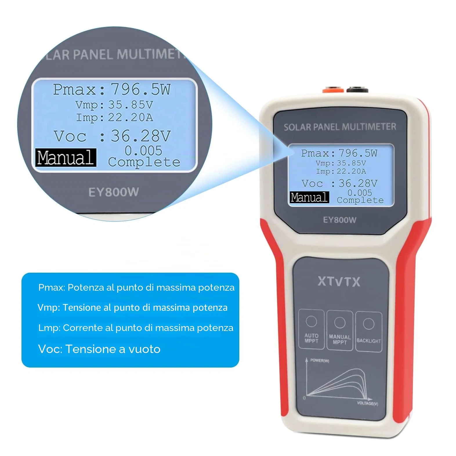 Tester di pannello solare, multimetro per pannello fotovoltaico stile migliorato EY800W, con schermo LCD ultra chiaro