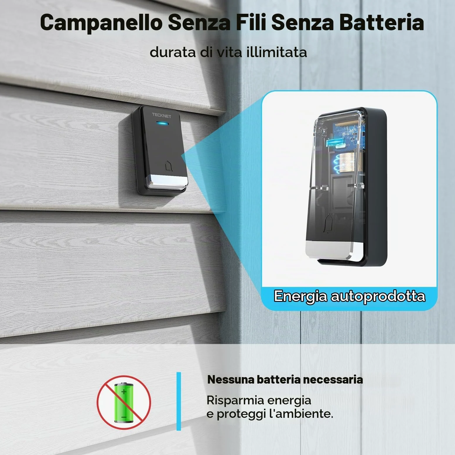 TECKNET Campanello senza fili esterno impermeabile con spina, 400 m portata campanello casa autoalimentato, IP65 campanello per porta senza batterie con indicatori LED, 60 melodie gamma, 5 livelli di