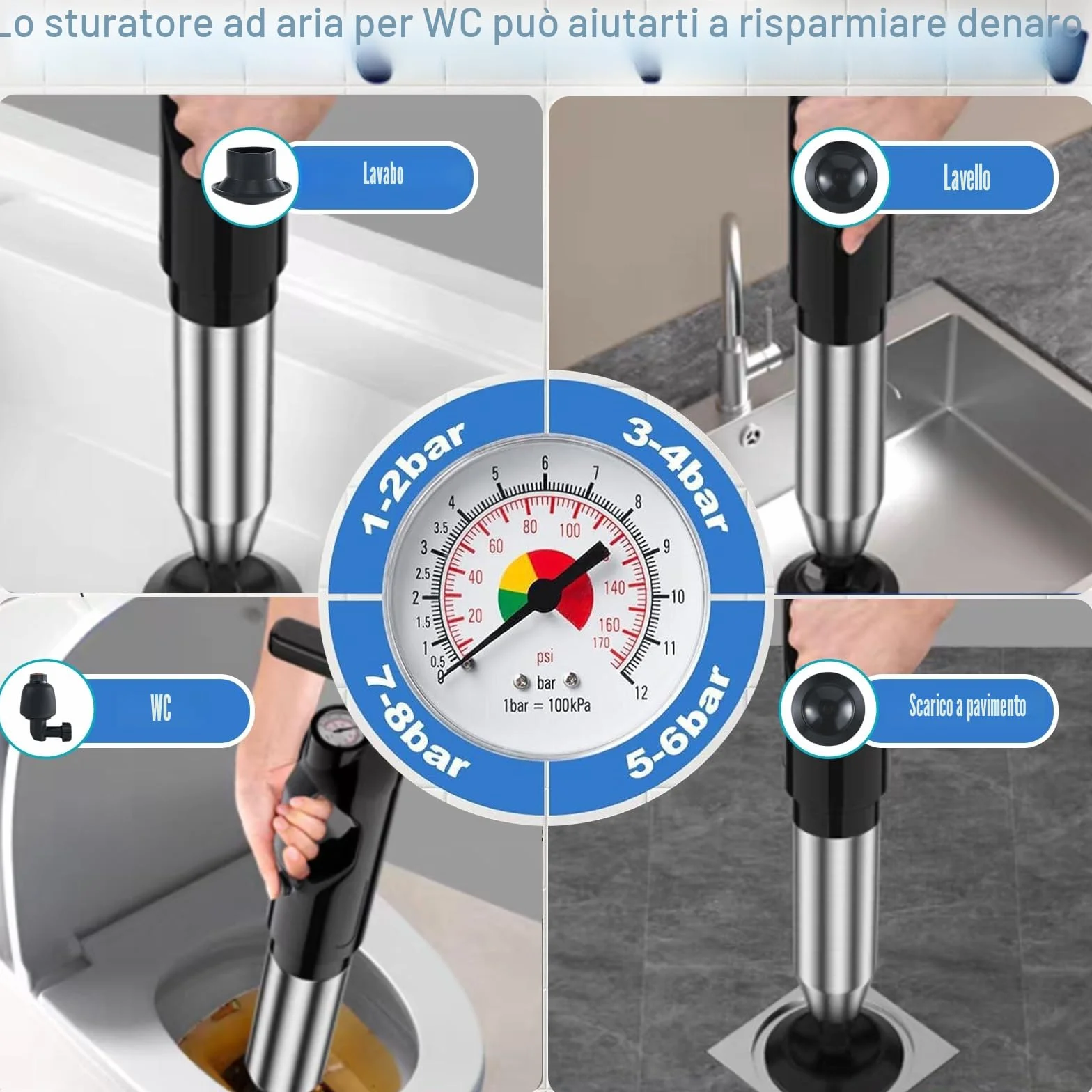 Pompa Stura Scarichi a Pressione Stantuffo ad Aria Compressa per WC Lavandino Bagno 2025