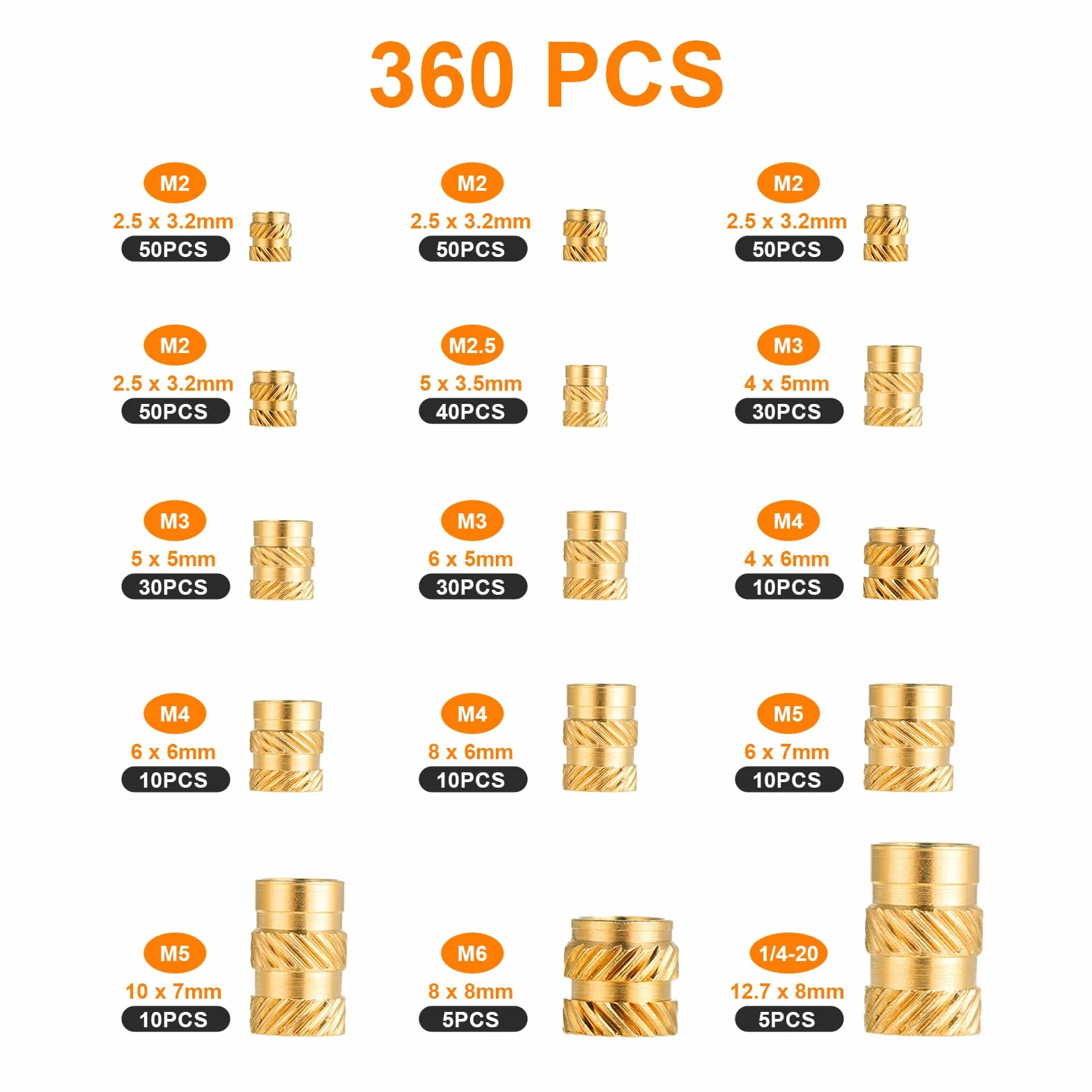 Einschmelzgewinde Einpressmuttern per Stampa 3D – Set da 360 Pezzi Inserti Filettati in Ottone M2.5/M3/M4/M5/M6 – Per Elettronica, Auto, Costruzione di Dispositivi