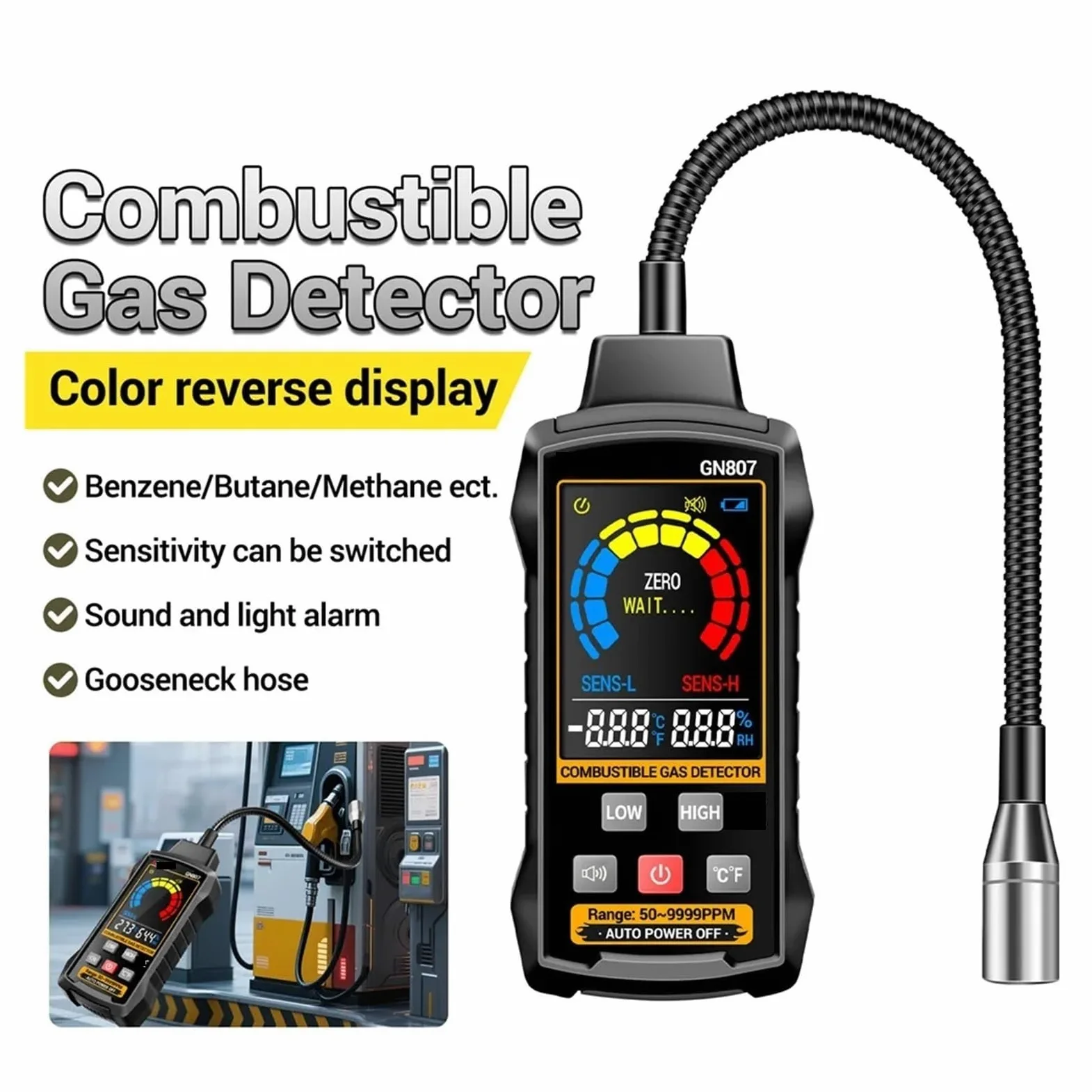 Rilevatore di gas combustibile GN807 rilevamento vari infiammabili, allarme acustico e luminoso, metano 50~10.000 PPM