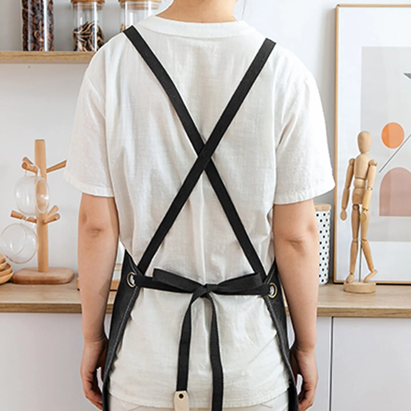Grembiule da Lavoro, Grembiule Donna/Uomo Durevole di Tela con 3 Tasche per Falegname Tatuatore Fabbro Pittore Barista, Design a Tracolla, Adatto per Casa Lavoro Campeggio all'Aperto - Nero
